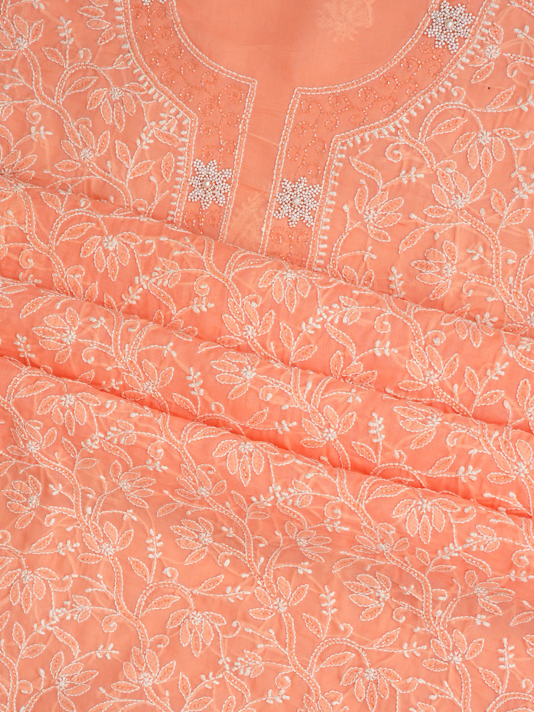 Ada Hand Embroidered Peach Cotton Lucknowi Ada Hand Embroidered Peach Cotton Lucknowi Chikankari Unstitched Suit Set With Chiffon Dupatta With Pearl Work 01A1006685Unstitched Suit Set With Chiffon Dupatta 01A1006685