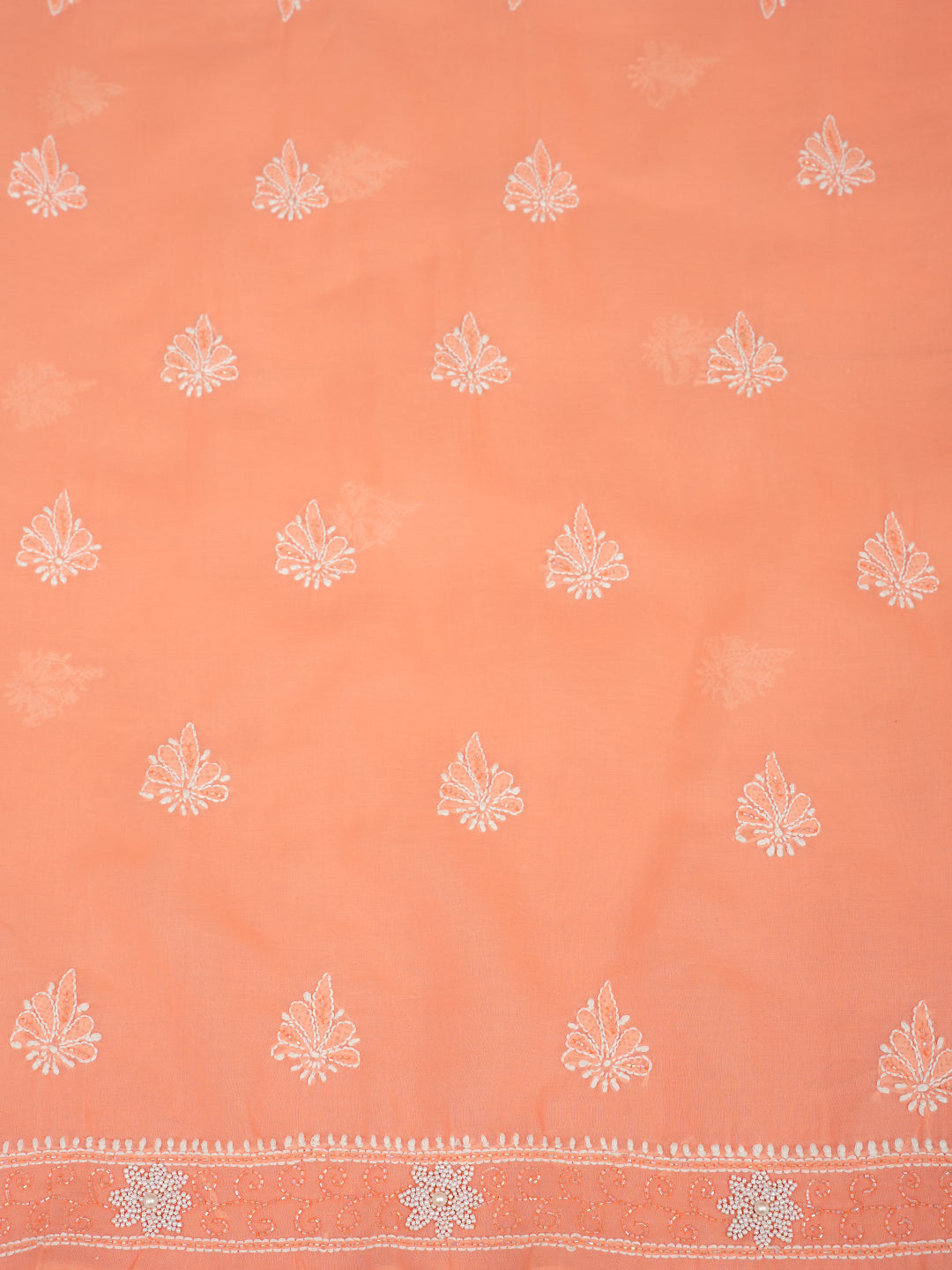 Ada Hand Embroidered Peach Cotton Lucknowi Ada Hand Embroidered Peach Cotton Lucknowi Chikankari Unstitched Suit Set With Chiffon Dupatta With Pearl Work 01A1006685Unstitched Suit Set With Chiffon Dupatta 01A1006685