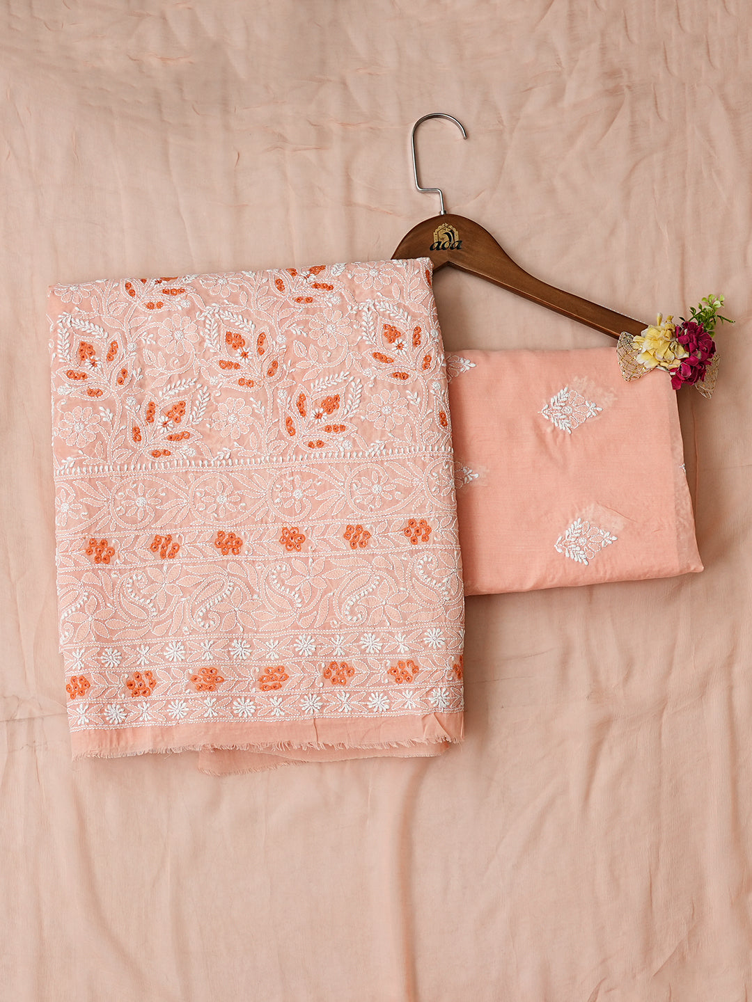 Ada Hand Embroidered Peach Cotton Lucknowi Chikankari Unstitched Suit Set With Chiffon Dupatta 01A989788