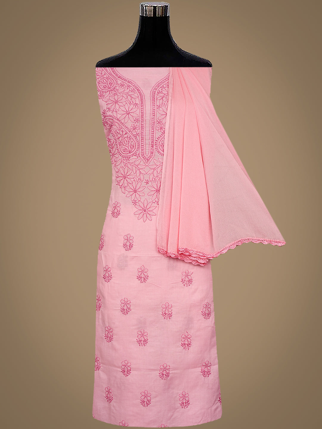 Ada Hand Embroidered Peach Cotton Lucknowi Chikankari Unstitched Suit Set With Chiffon Dupatta 01A992431