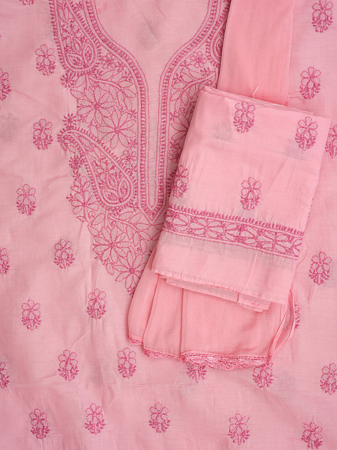 Ada Hand Embroidered Peach Cotton Lucknowi Chikankari Unstitched Suit Set With Chiffon Dupatta 01A992431