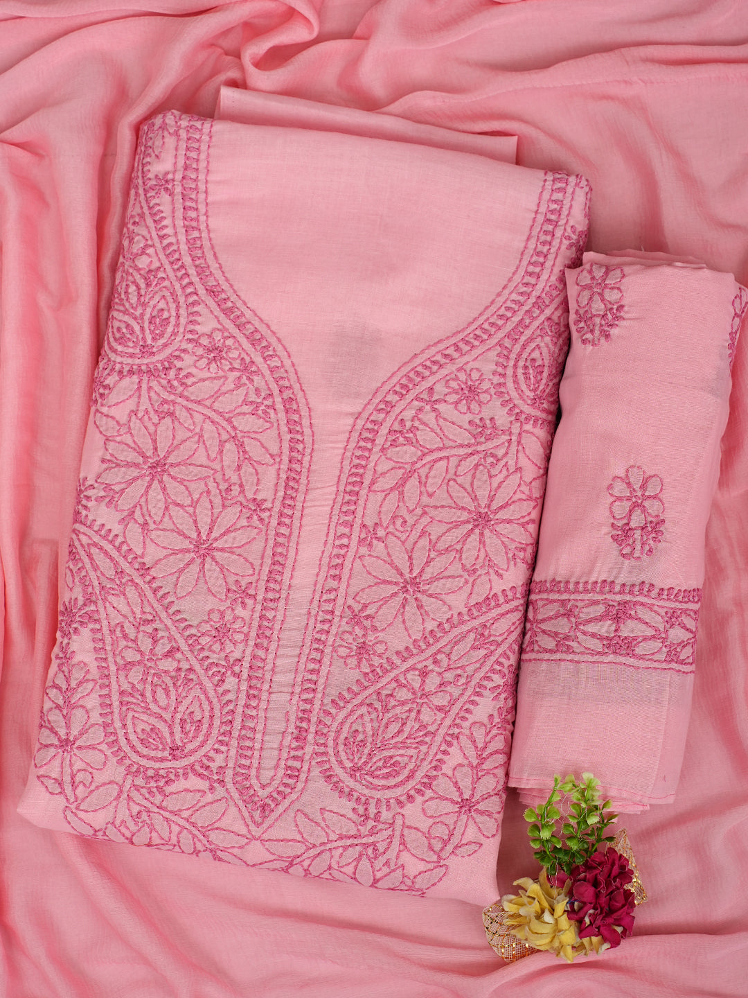 Ada Hand Embroidered Peach Cotton Lucknowi Chikankari Unstitched Suit Set With Chiffon Dupatta 01A992431