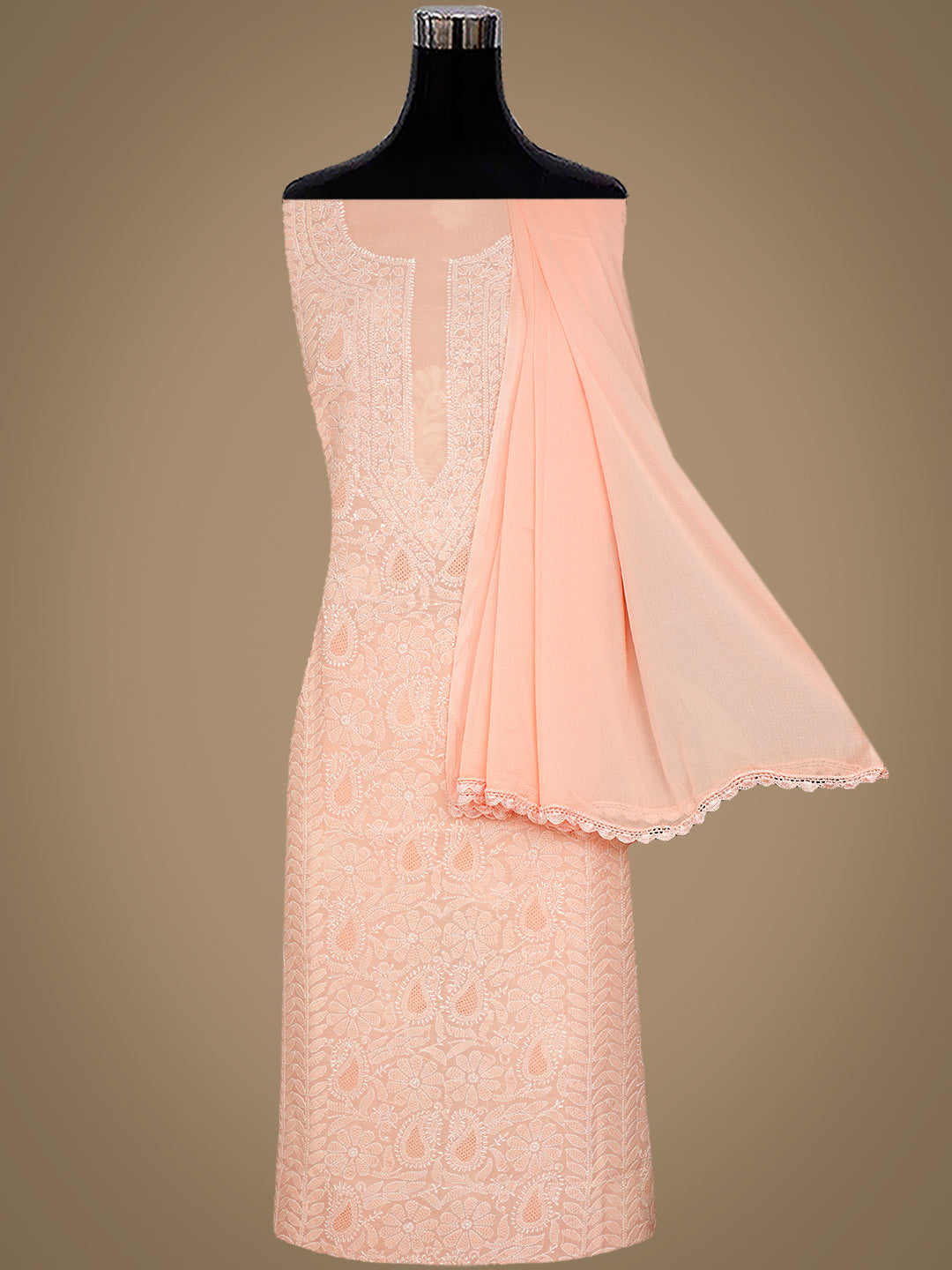 Ada Hand Embroidered Peach Cotton Lucknowi Chikankari Unstitched Suit Set With Chiffon Dupatta 01A992675