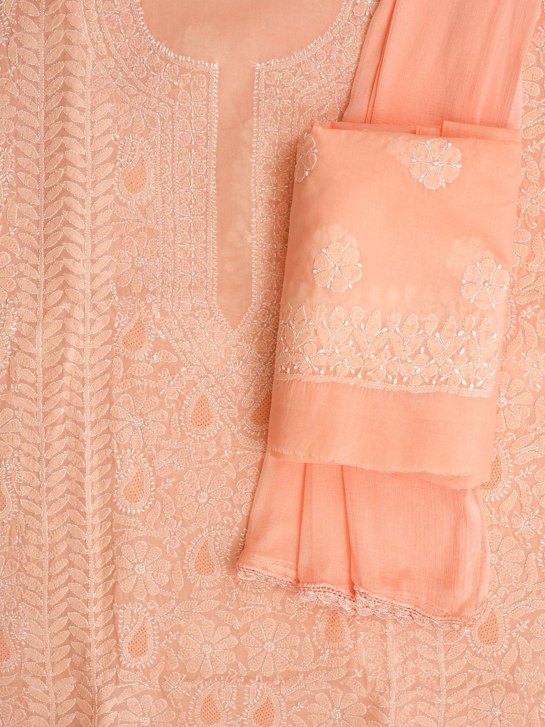 Ada Hand Embroidered Peach Cotton Lucknowi Chikankari Unstitched Suit Set With Chiffon Dupatta 01A992675