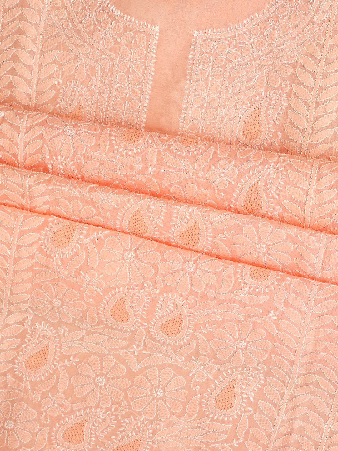 Ada Hand Embroidered Peach Cotton Lucknowi Chikankari Unstitched Suit Set With Chiffon Dupatta 01A992675
