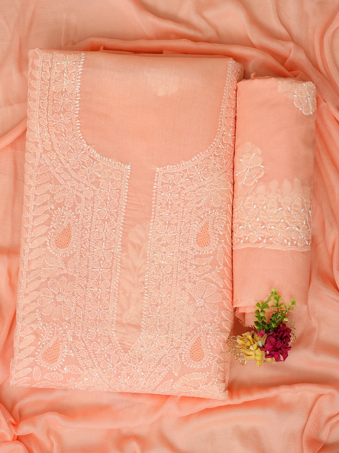 Ada Hand Embroidered Peach Cotton Lucknowi Chikankari Unstitched Suit Set With Chiffon Dupatta 01A992675