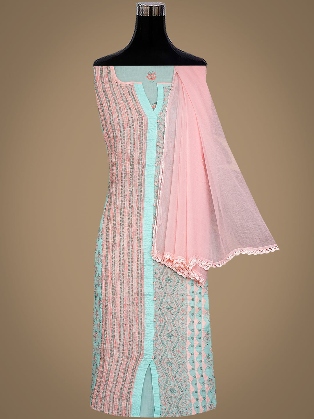 Ada Hand Embroidered Peach Cotton Lucknowi Chikankari Unstitched Suit Set With Chiffon Dupatta 01A993007