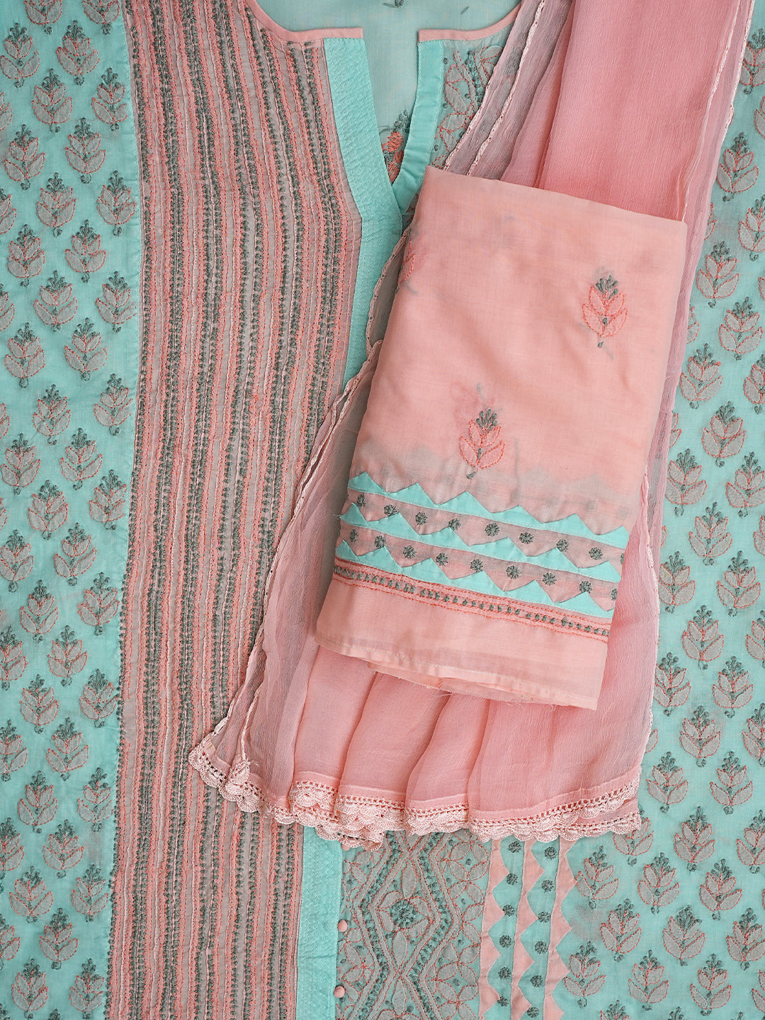 Ada Hand Embroidered Peach Cotton Lucknowi Chikankari Unstitched Suit Set With Chiffon Dupatta 01A993007