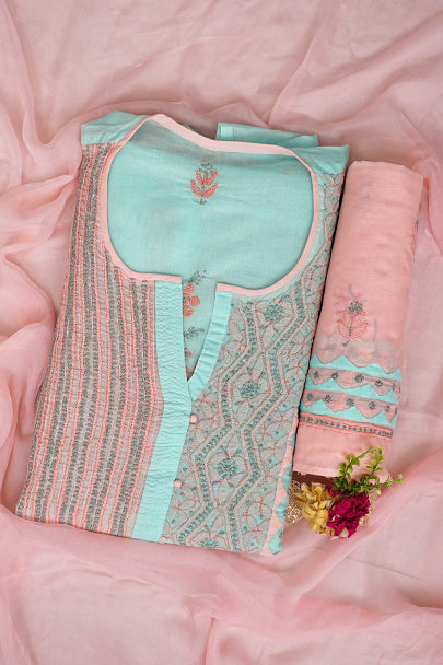 Ada Hand Embroidered Peach Cotton Lucknowi Chikankari Unstitched Suit Set With Chiffon Dupatta 01A993007