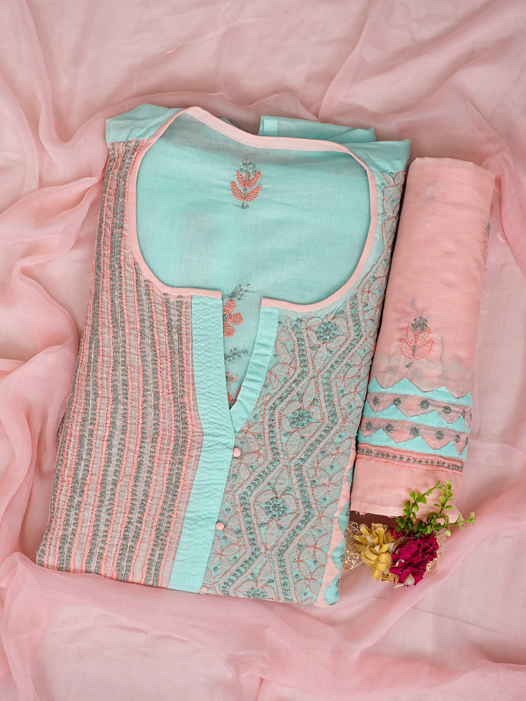 Ada Hand Embroidered Peach Cotton Lucknowi Chikankari Unstitched Suit Set With Chiffon Dupatta 01A993007