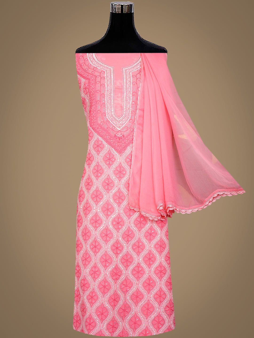Ada Hand Embroidered Peach Cotton Lucknowi Chikankari Unstitched Suit Set With Chiffon Dupatta and Catdana Work 01A1006684