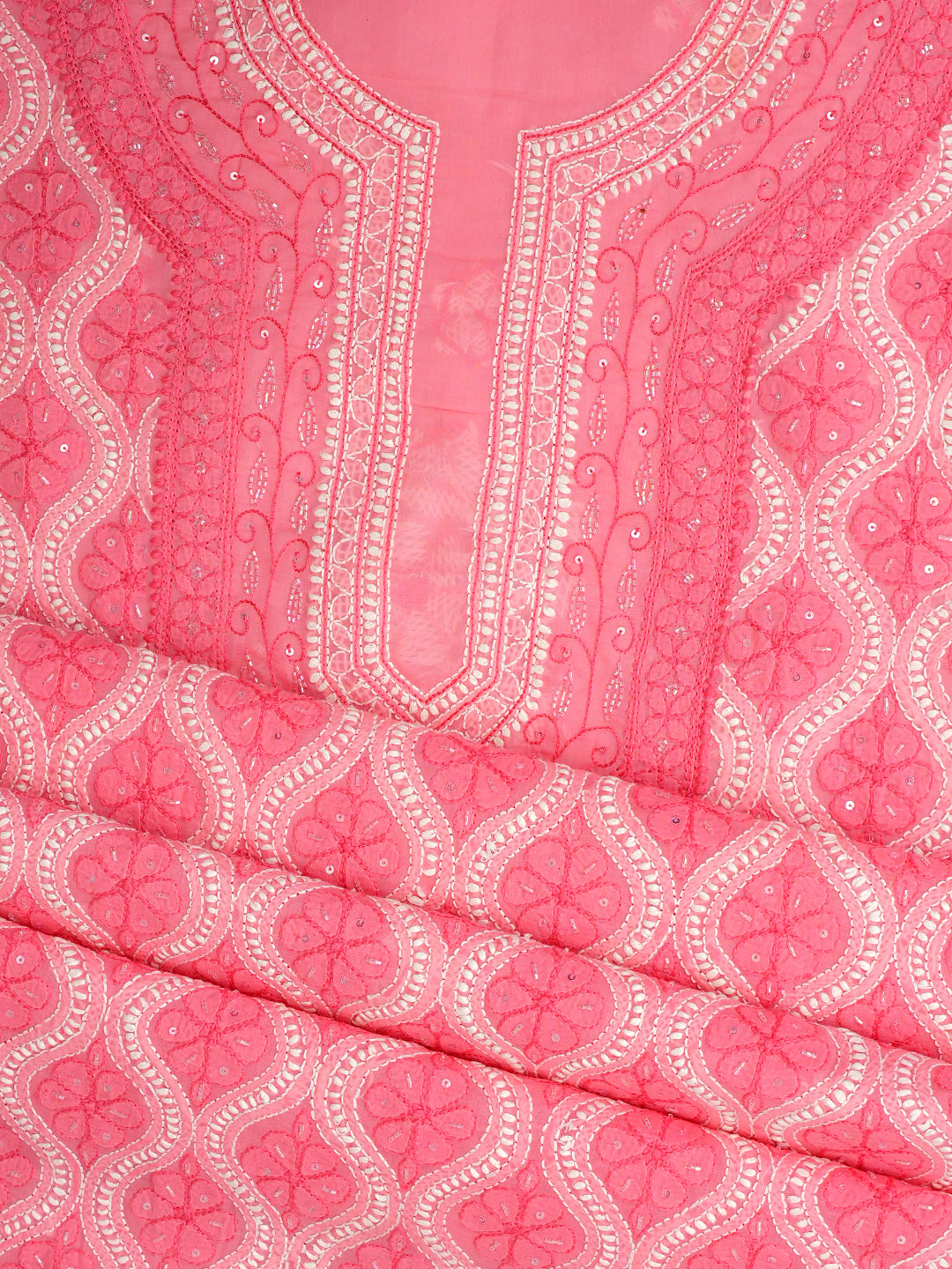 Ada Hand Embroidered Peach Cotton Lucknowi Chikankari Unstitched Suit Set With Chiffon Dupatta and Catdana Work 01A1006684