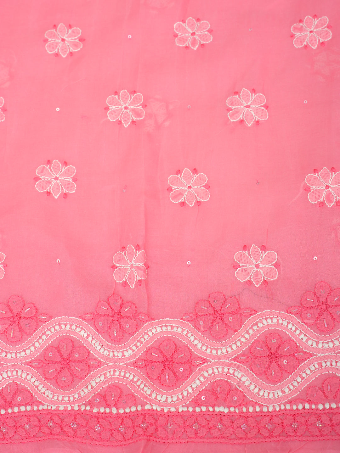 Ada Hand Embroidered Peach Cotton Lucknowi Chikankari Unstitched Suit Set With Chiffon Dupatta and Catdana Work 01A1006684