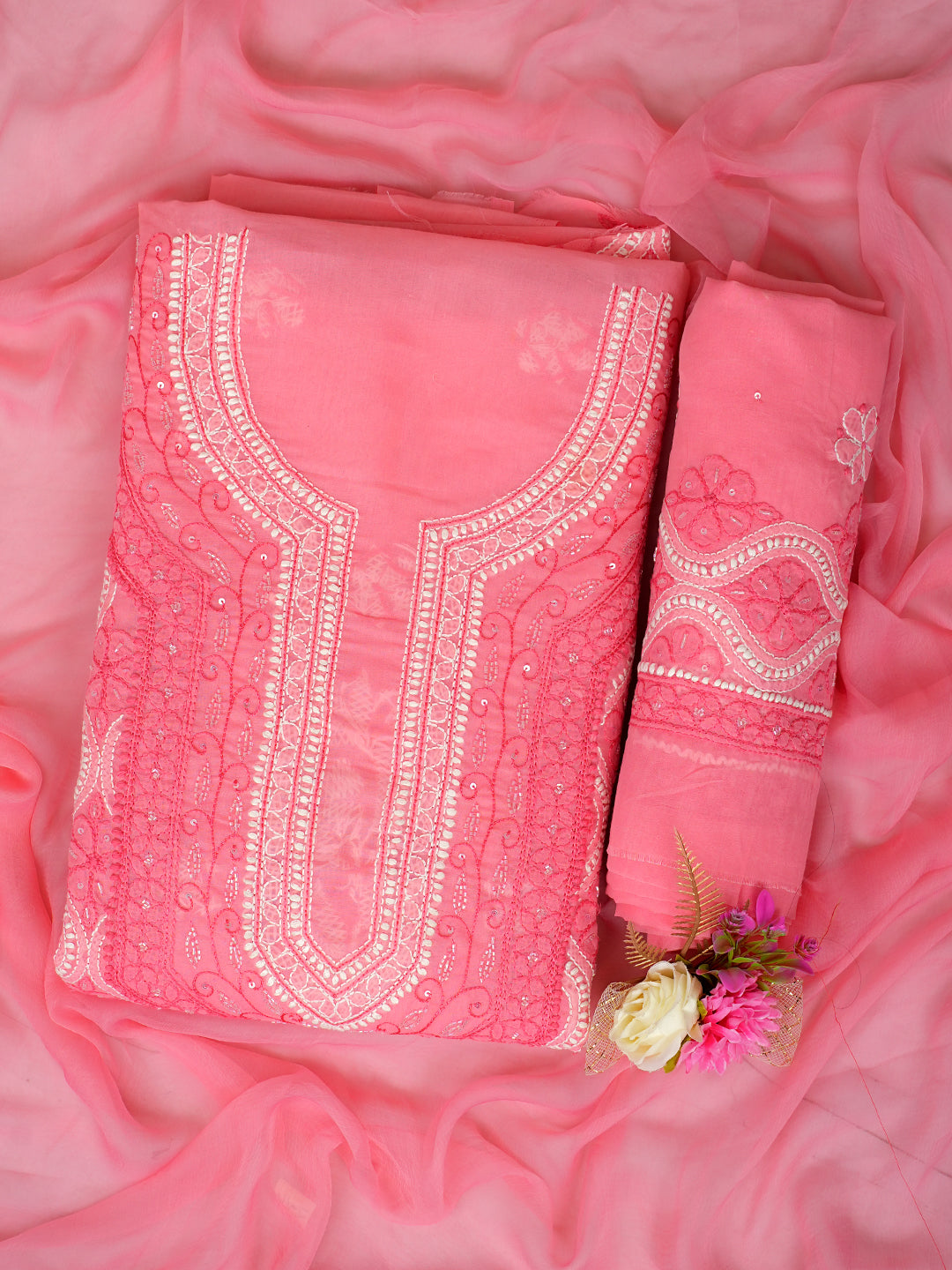 Ada Hand Embroidered Peach Cotton Lucknowi Chikankari Unstitched Suit Set With Chiffon Dupatta and Catdana Work 01A1006684