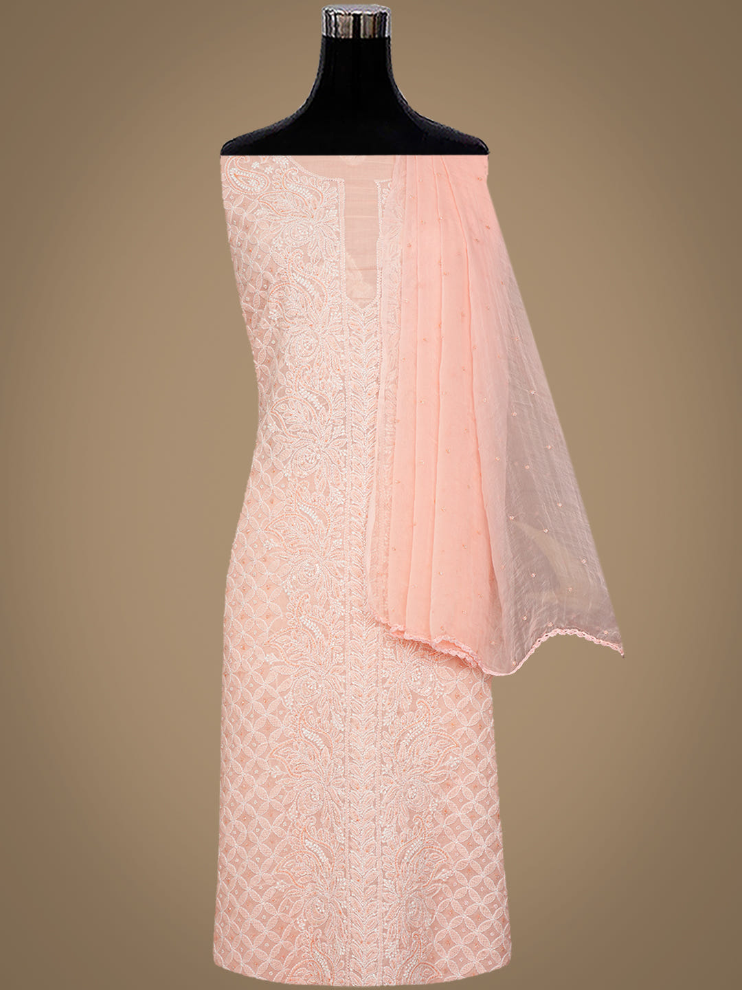 Ada Hand Embroidered Peach Cotton Lucknowi Chikankari Unstitched Suit Set With Cutdana Work 01A622193