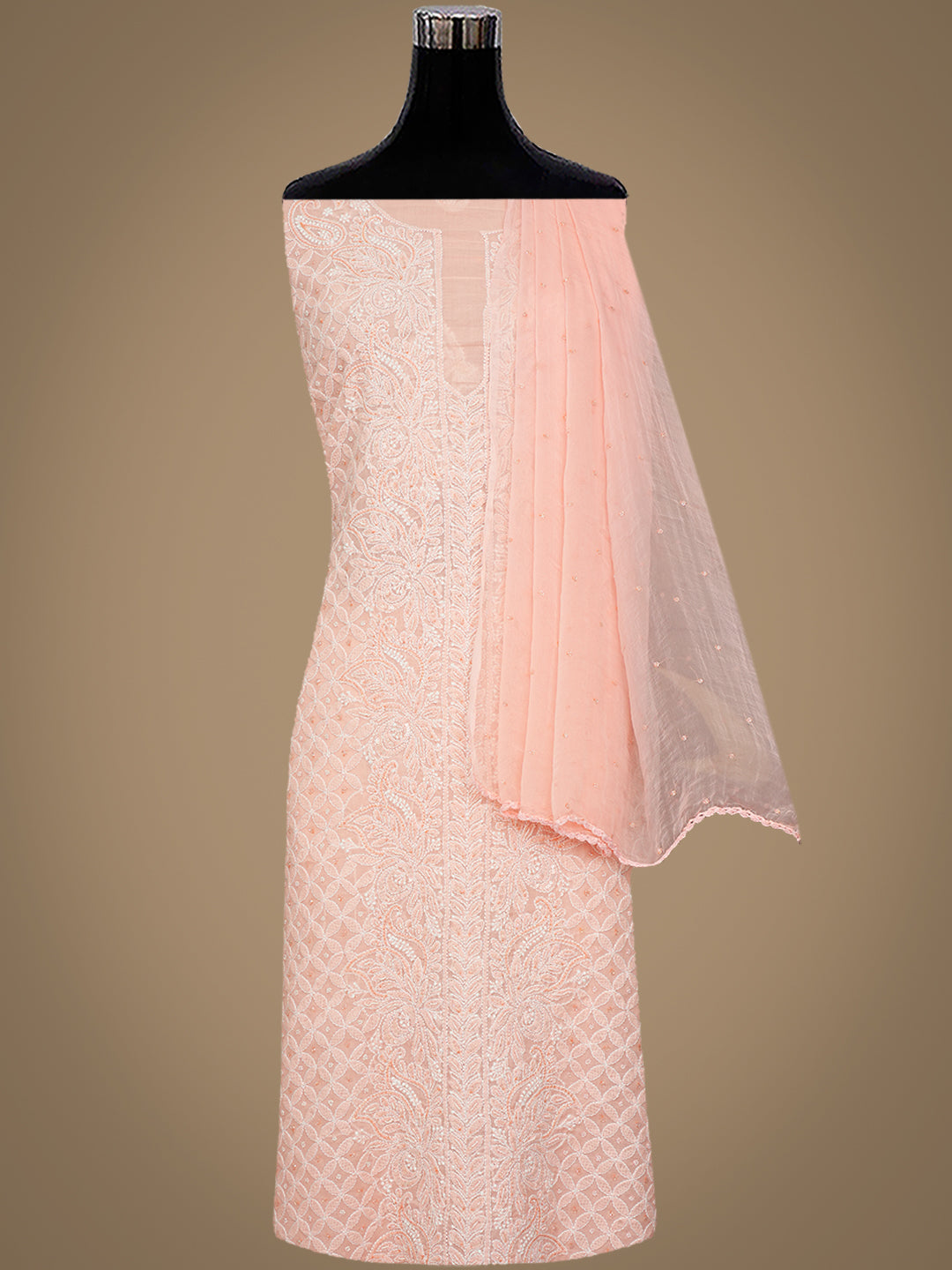 Ada Hand Embroidered Peach Cotton Lucknowi Chikankari Unstitched Suit Set With Chiffon Dupatta and Cutdana & Sequinned Work 01A622193