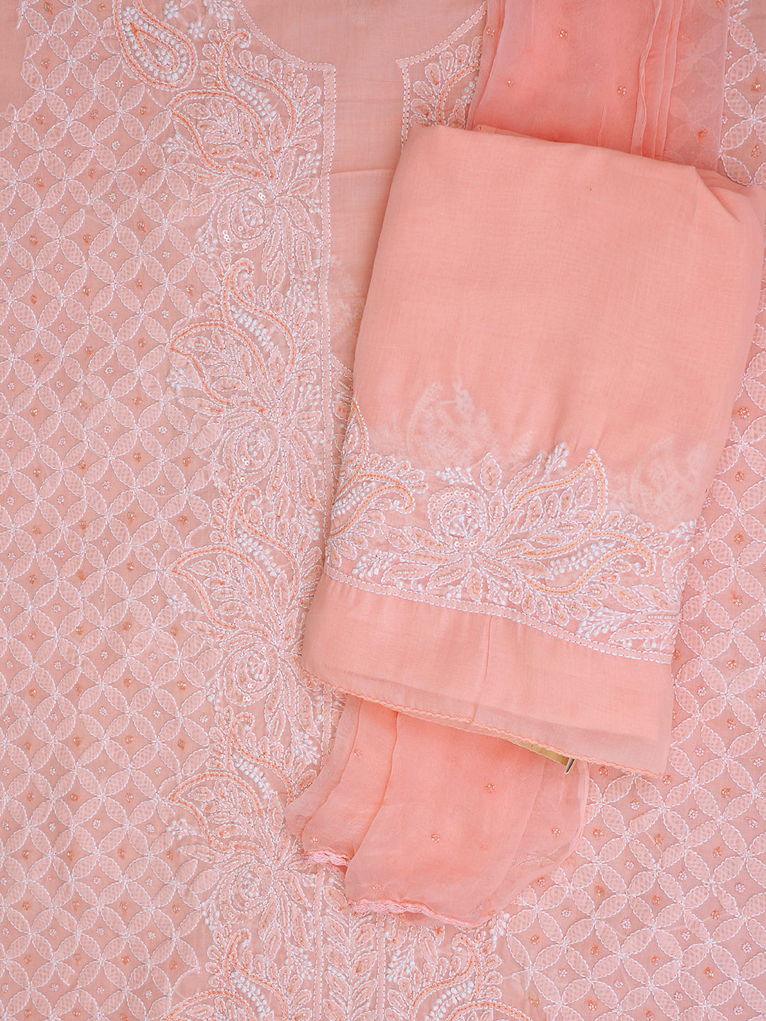 Ada Hand Embroidered Peach Cotton Lucknowi Chikankari Unstitched Suit Set With Cutdana Work 01A622193