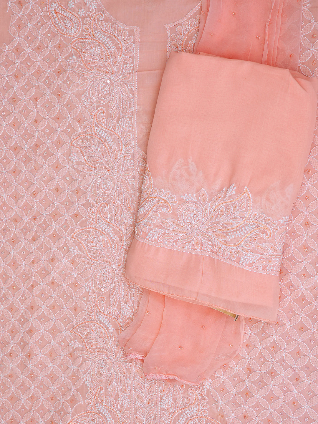 Ada Hand Embroidered Peach Cotton Lucknowi Chikankari Unstitched Suit Set With Chiffon Dupatta and Cutdana & Sequinned Work 01A622193