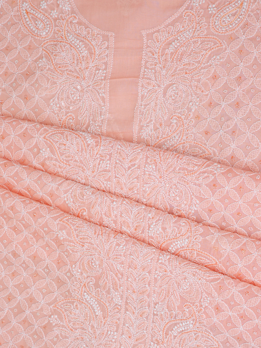 Ada Hand Embroidered Peach Cotton Lucknowi Chikankari Unstitched Suit Set With Chiffon Dupatta and Cutdana & Sequinned Work 01A622193