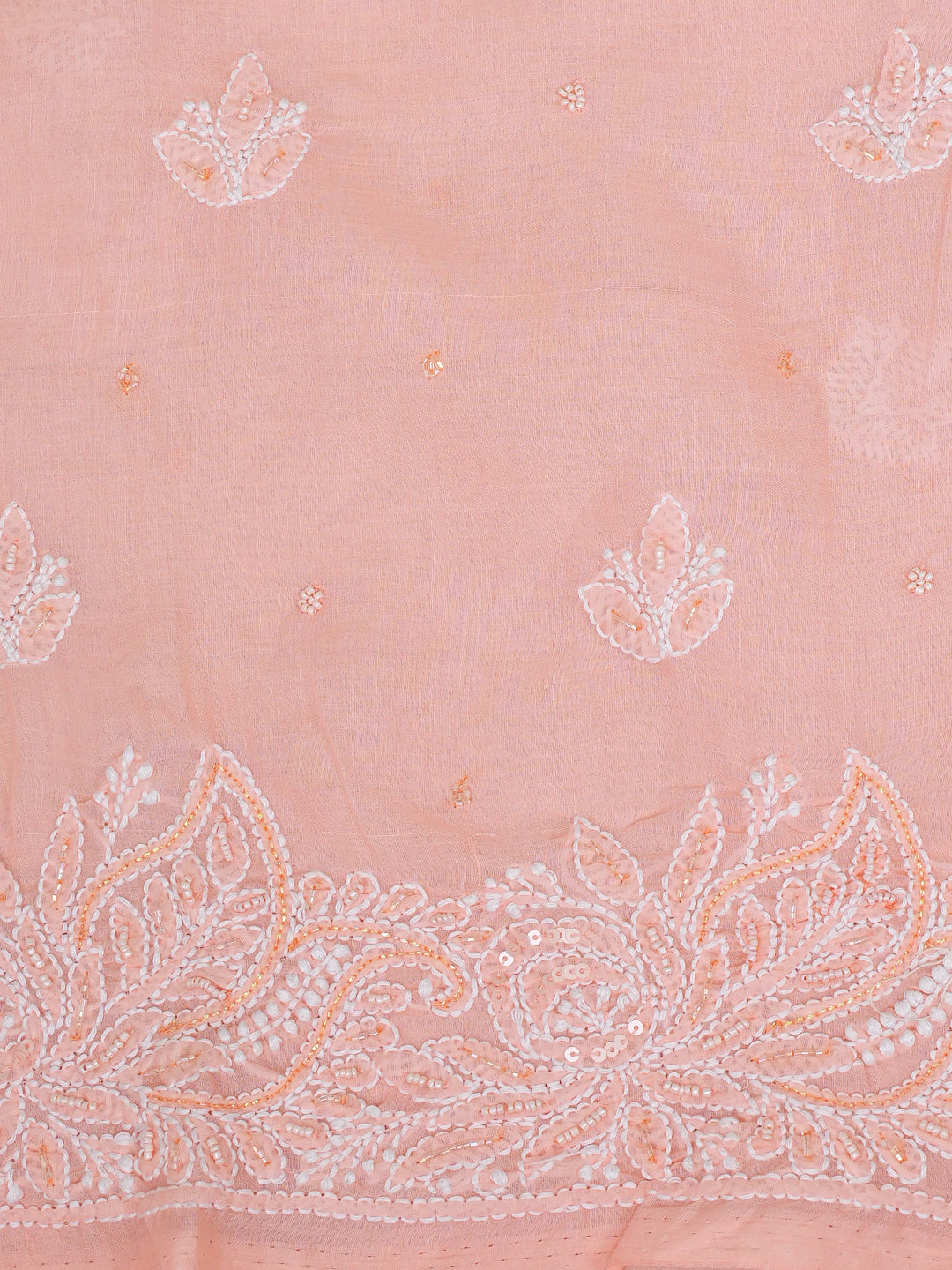 Ada Hand Embroidered Peach Cotton Lucknowi Chikankari Unstitched Suit Set With Chiffon Dupatta and Cutdana & Sequinned Work 01A622193