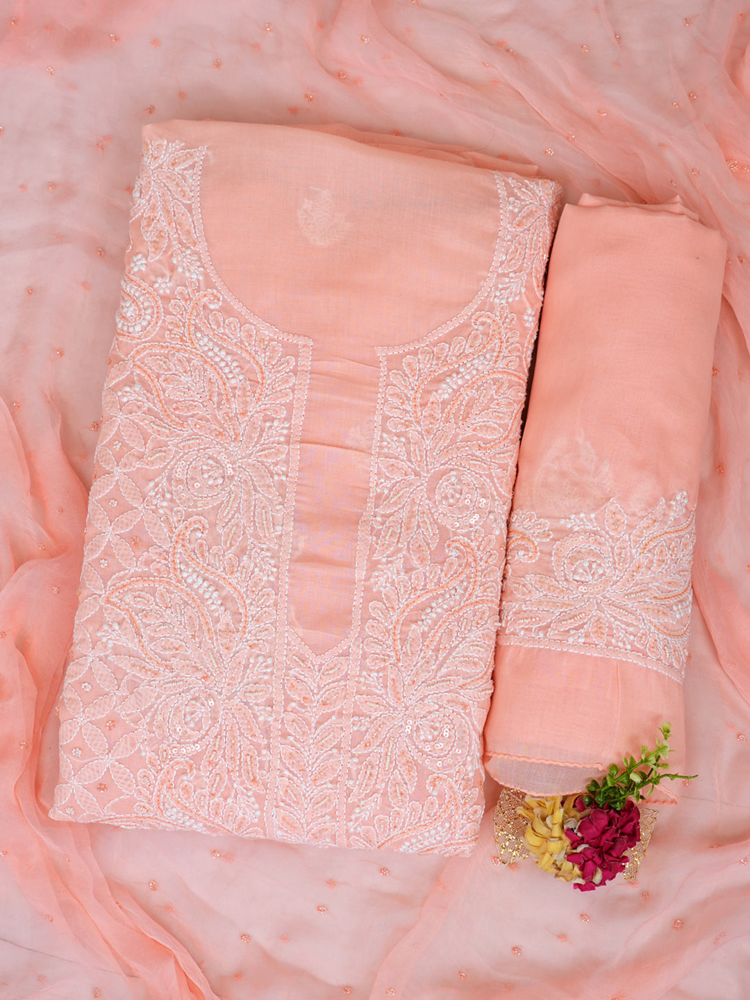 Ada Hand Embroidered Peach Cotton Lucknowi Chikankari Unstitched Suit Set With Chiffon Dupatta and Cutdana & Sequinned Work 01A622193