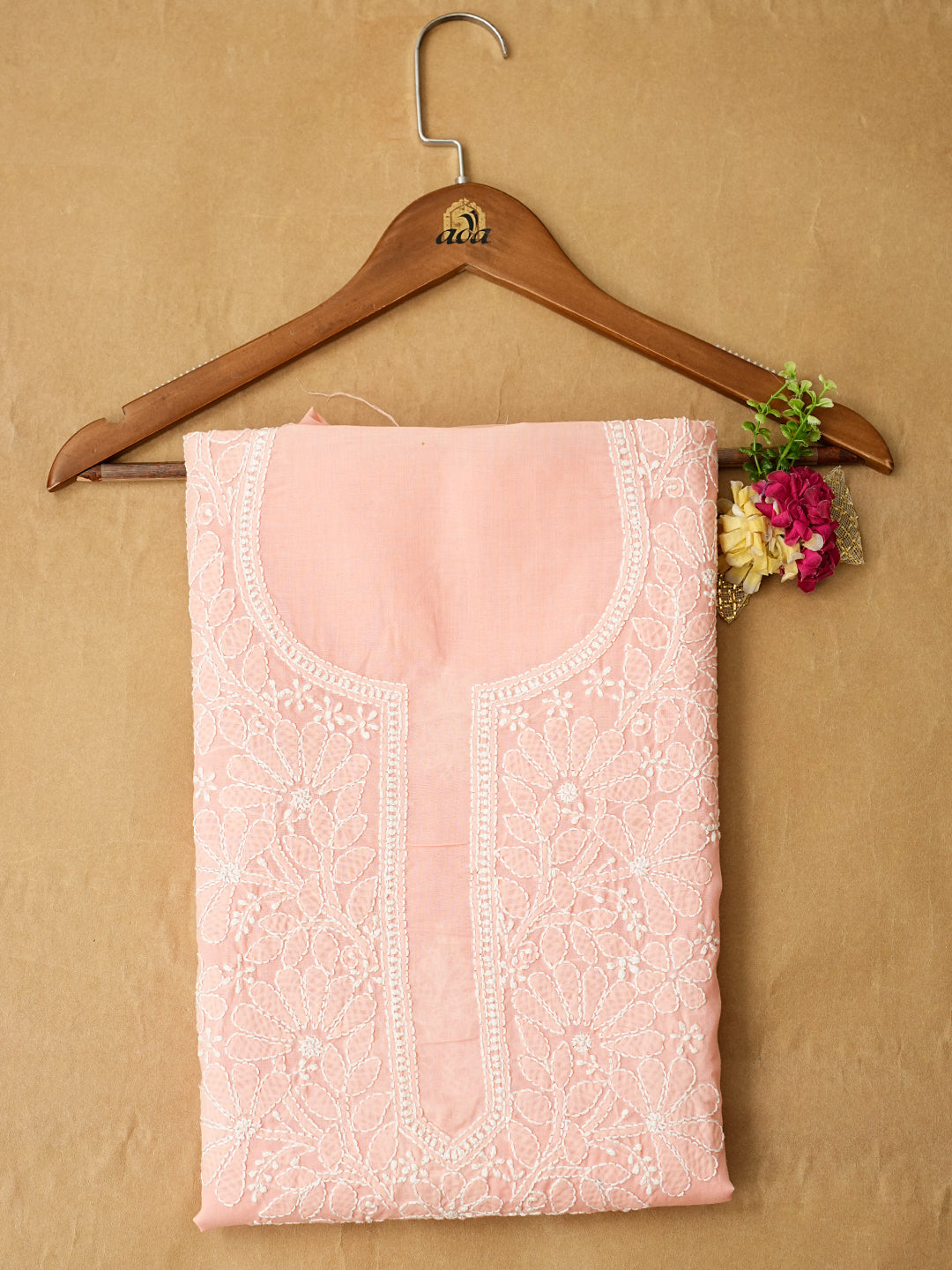 Ada Hand Embroidered Peach Cotton lucknowi Chikankari Unstitched Kurta 01A946554