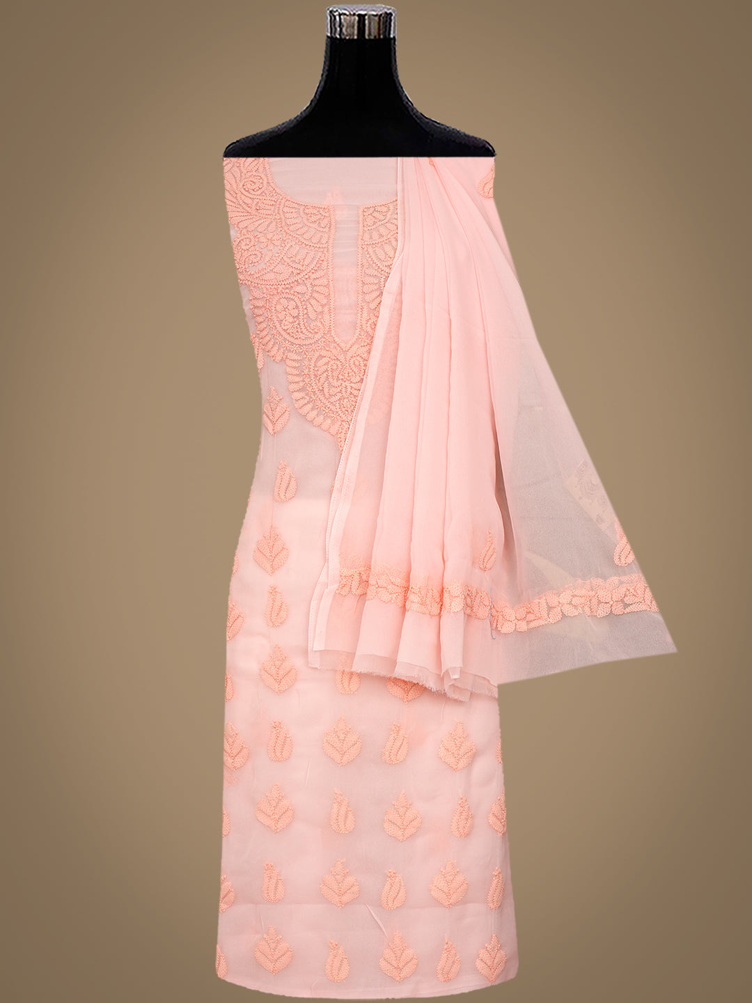 Ada Hand Embroidered Peach Faux Georgette Lucknowi Chikankari Unstitched Suit Piece 01A1002572