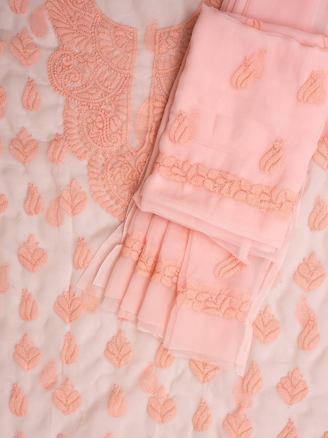 Ada Hand Embroidered Peach Faux Georgette Lucknowi Chikankari Unstitched Suit Piece 01A1002572