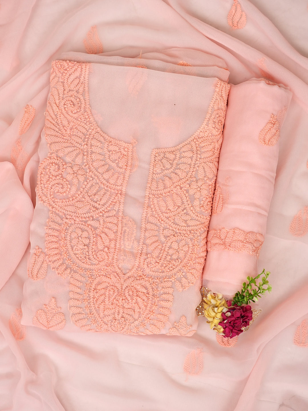Ada Hand Embroidered Peach Faux Georgette Lucknowi Chikankari Unstitched Suit Piece 01A1002572