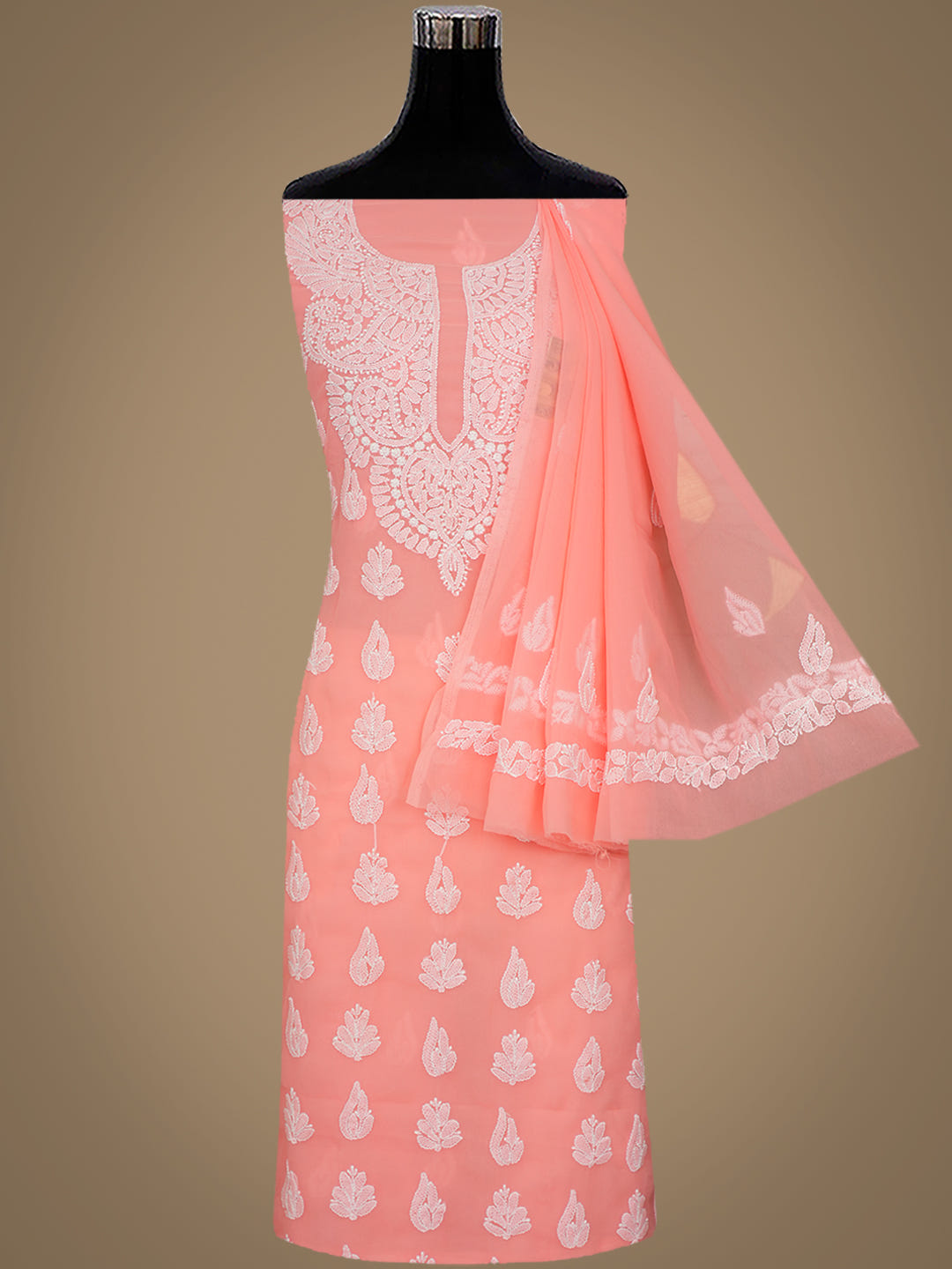Ada Hand Embroidered Peach Faux Georgette Lucknowi Chikankari Unstitched Suit Piece 01A1002616