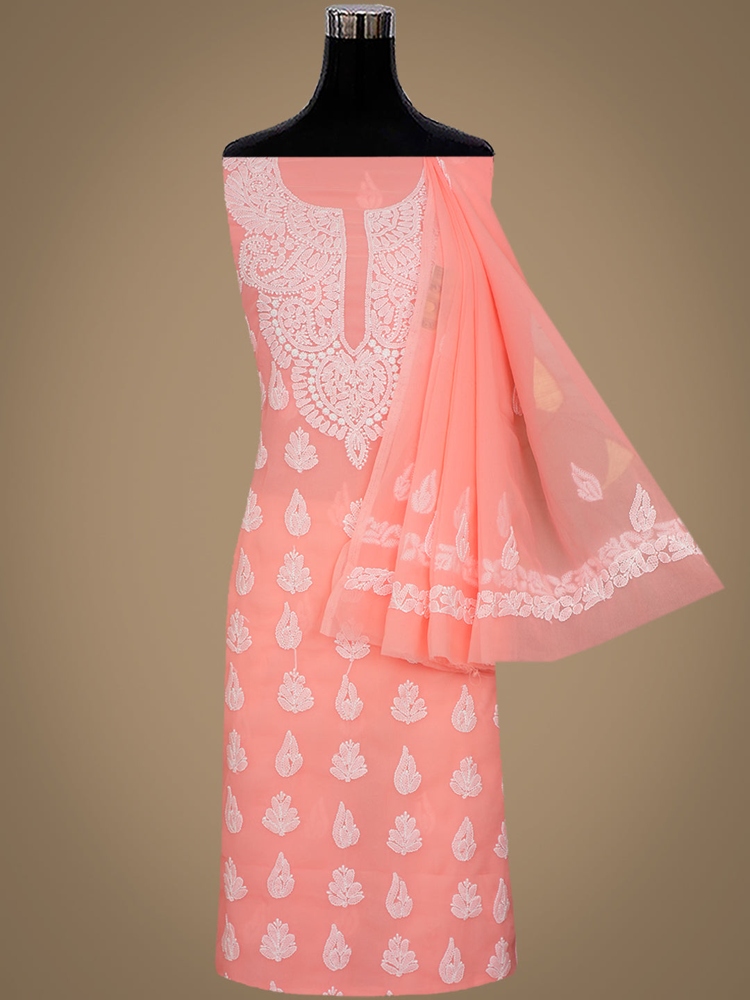 Ada Hand Embroidered Peach Faux Georgette Lucknowi Chikankari Unstitched Suit Piece 01A1002616