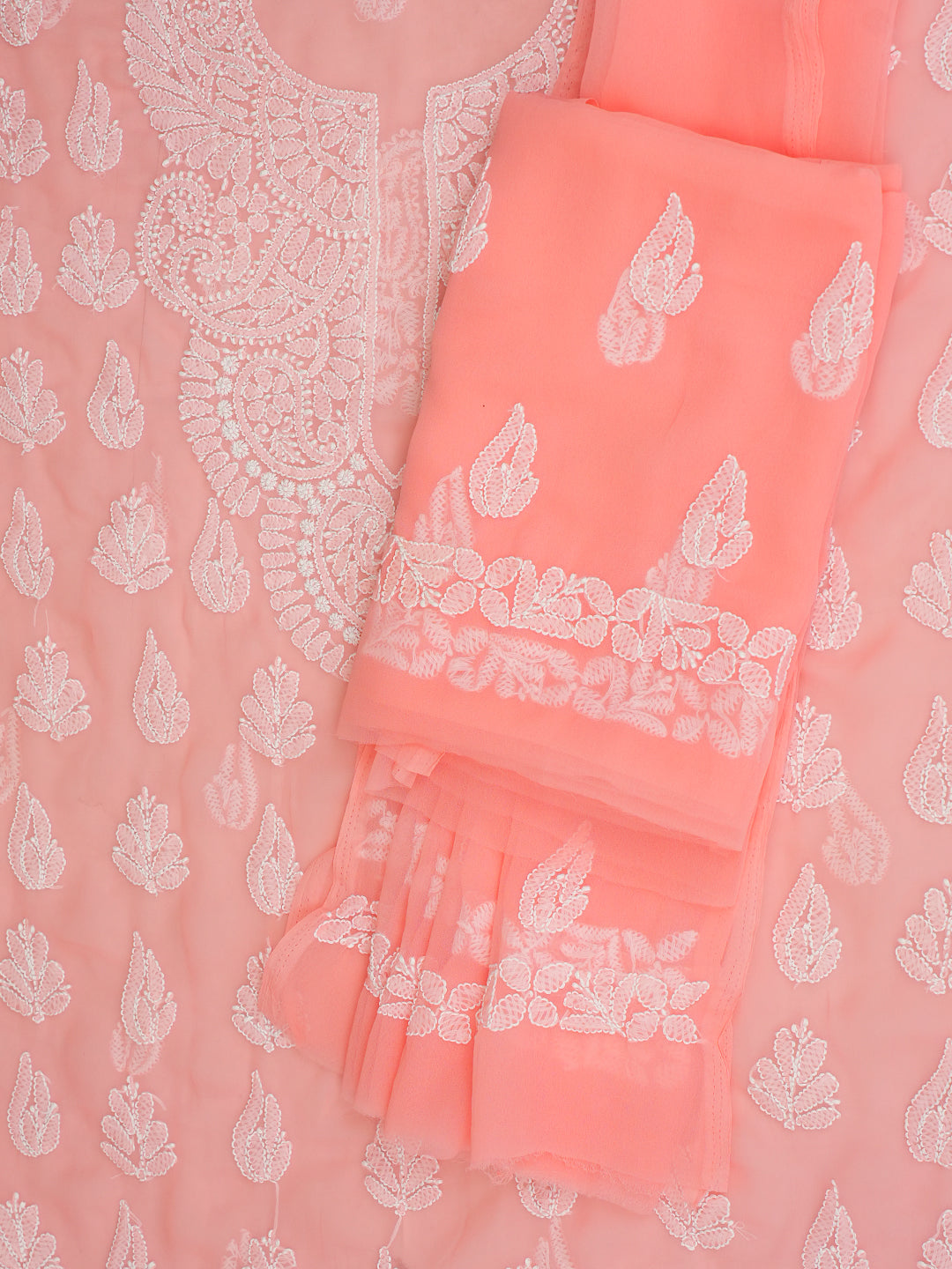 Ada Hand Embroidered Peach Faux Georgette Lucknowi Chikankari Unstitched Suit Piece 01A1002616