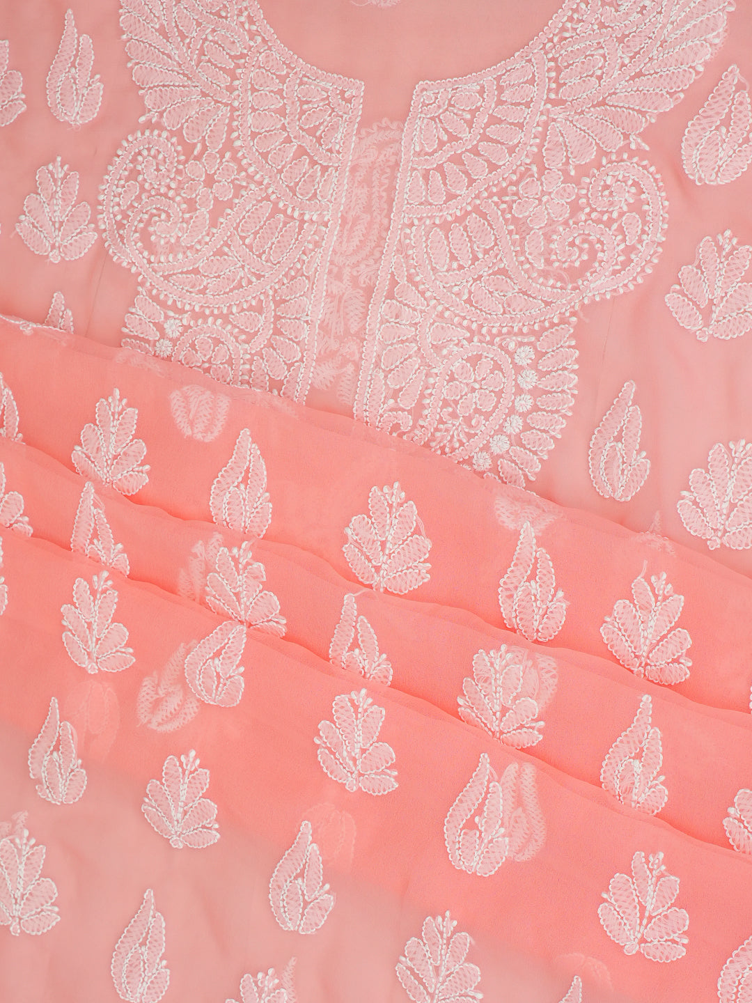 Ada Hand Embroidered Peach Faux Georgette Lucknowi Chikankari Unstitched Suit Piece 01A1002616