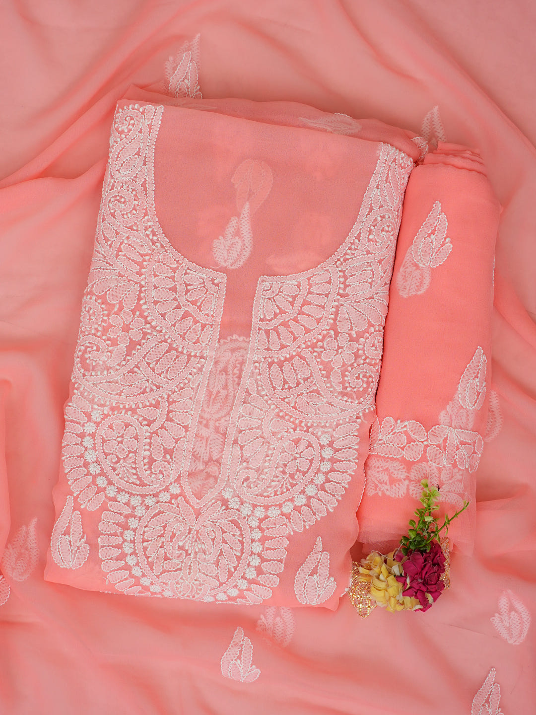 Ada Hand Embroidered Peach Faux Georgette Lucknowi Chikankari Unstitched Suit Piece 01A1002616