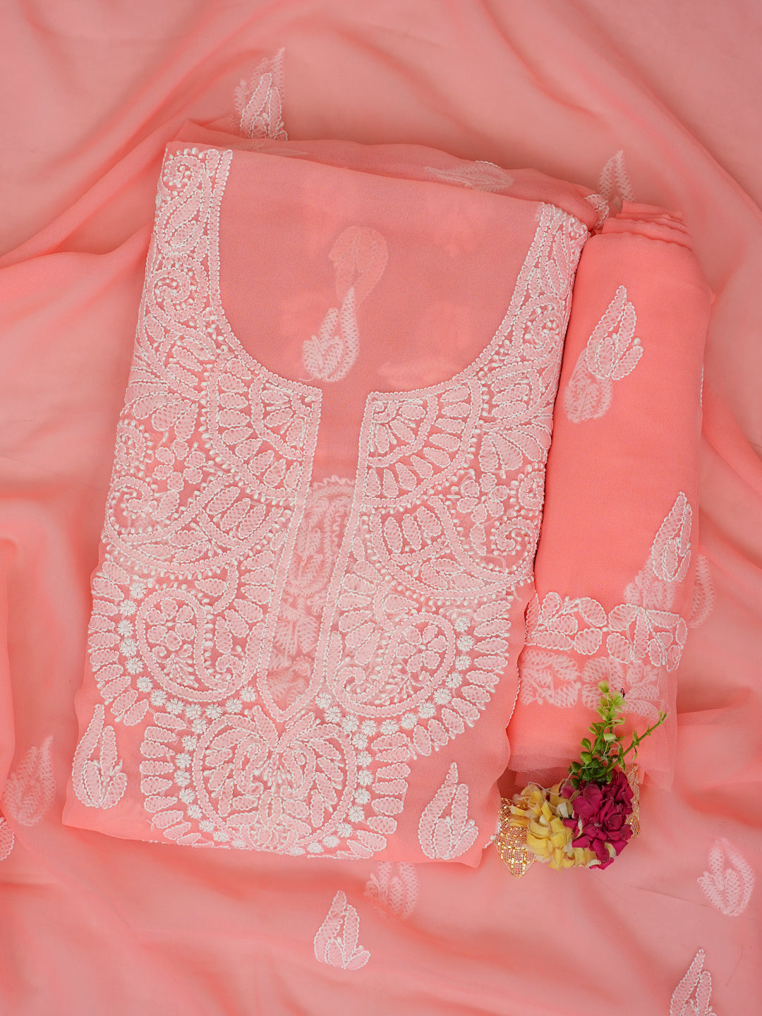 Ada Hand Embroidered Peach Faux Georgette Lucknowi Chikankari Unstitched Suit Piece 01A1002616