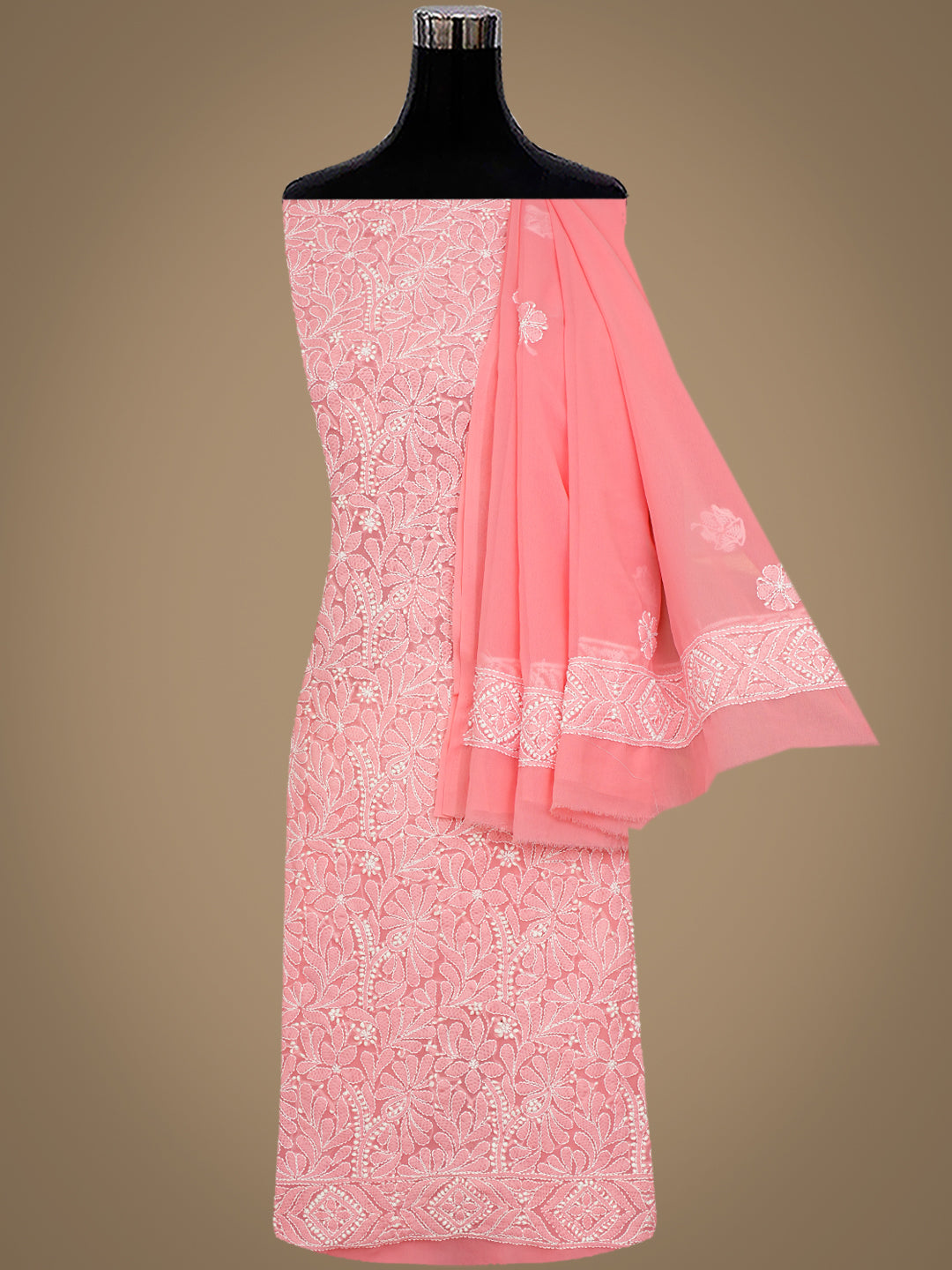 Ada Hand Embroidered Peach Faux Georgette Lucknowi Chikankari Unstitched Suit Piece 01A867776