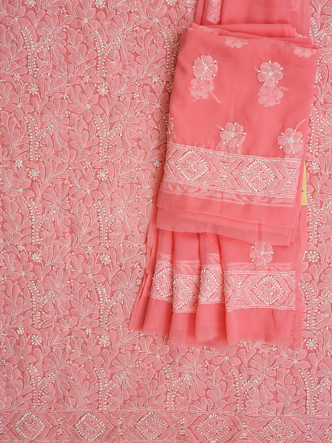 Ada Hand Embroidered Peach Faux Georgette Lucknowi Chikankari Unstitched Suit Piece 01A867776