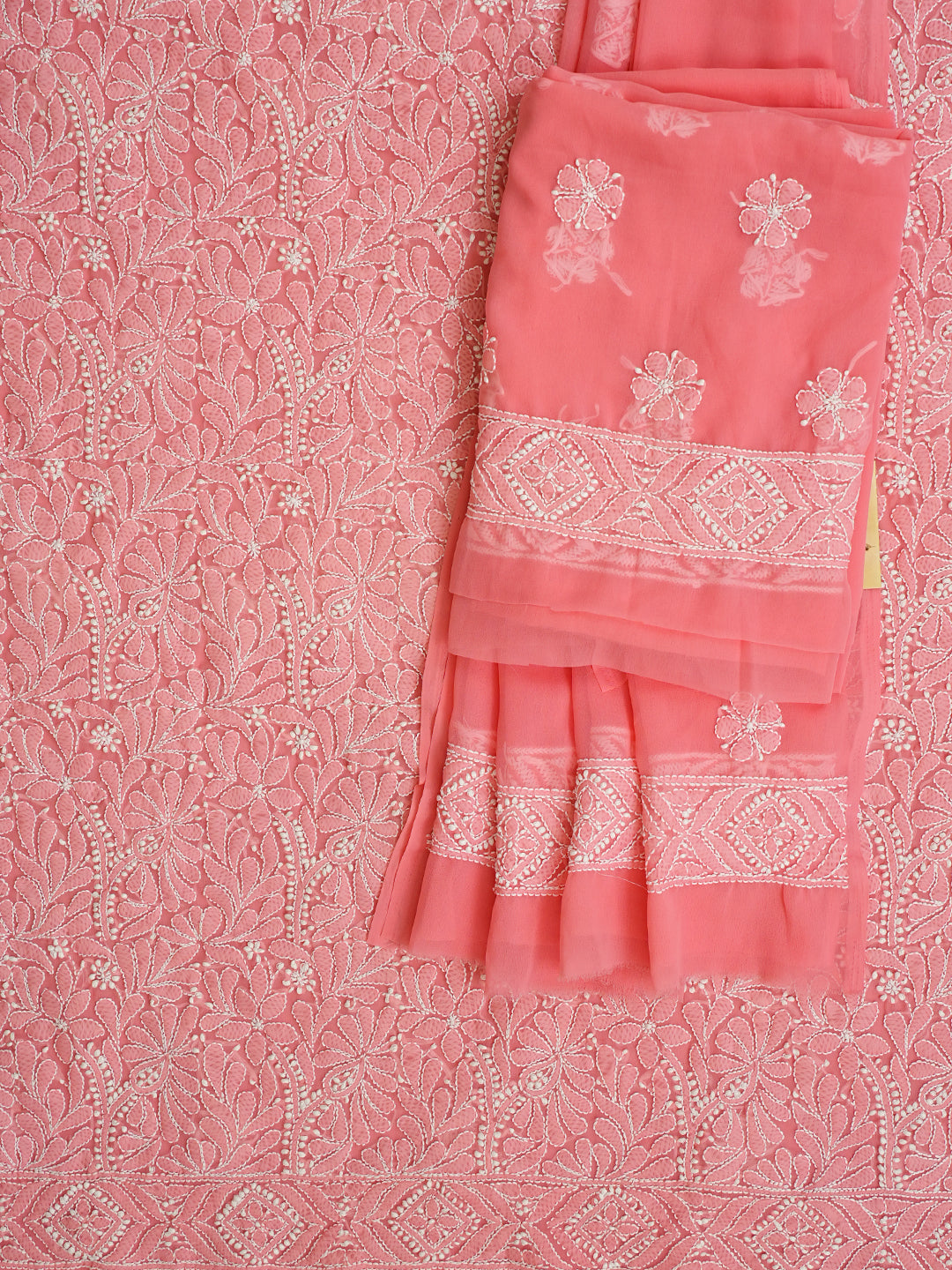 Ada Hand Embroidered Peach Faux Georgette Lucknowi Chikankari Unstitched Suit Piece 01A867776
