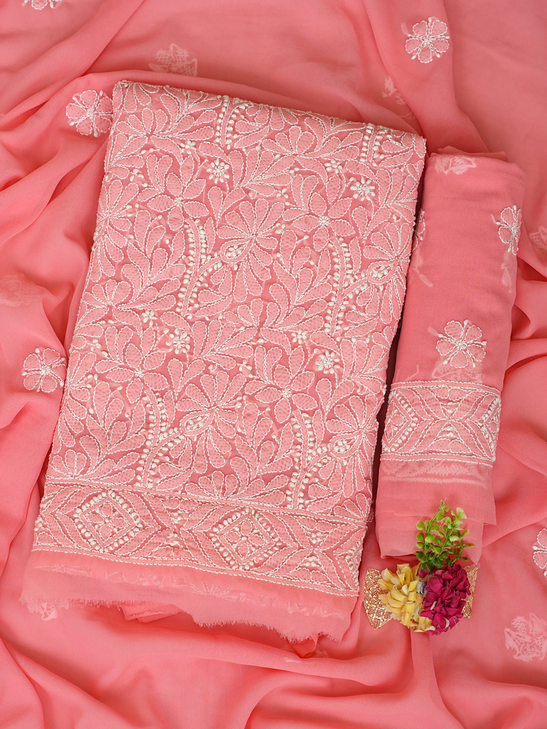 Ada Hand Embroidered Peach Faux Georgette Lucknowi Chikankari Unstitched Suit Piece 01A867776