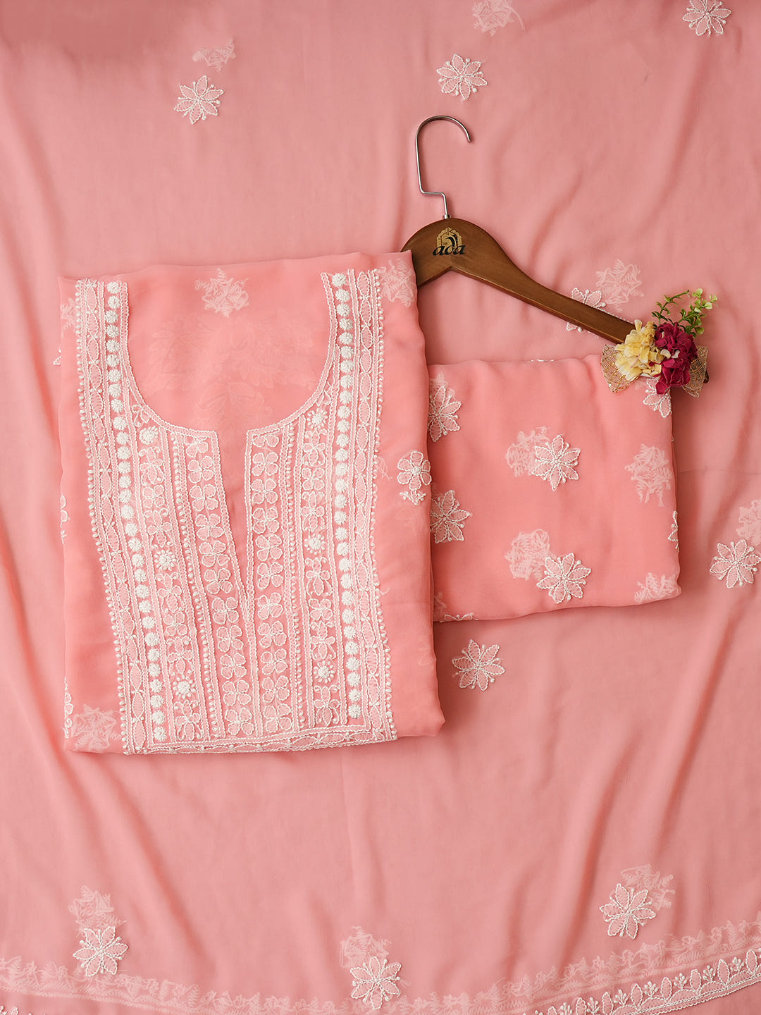 Ada Hand Embroidered Peach Faux Georgette Lucknowi Chikankari Unstitched Suit Piece 01A977889