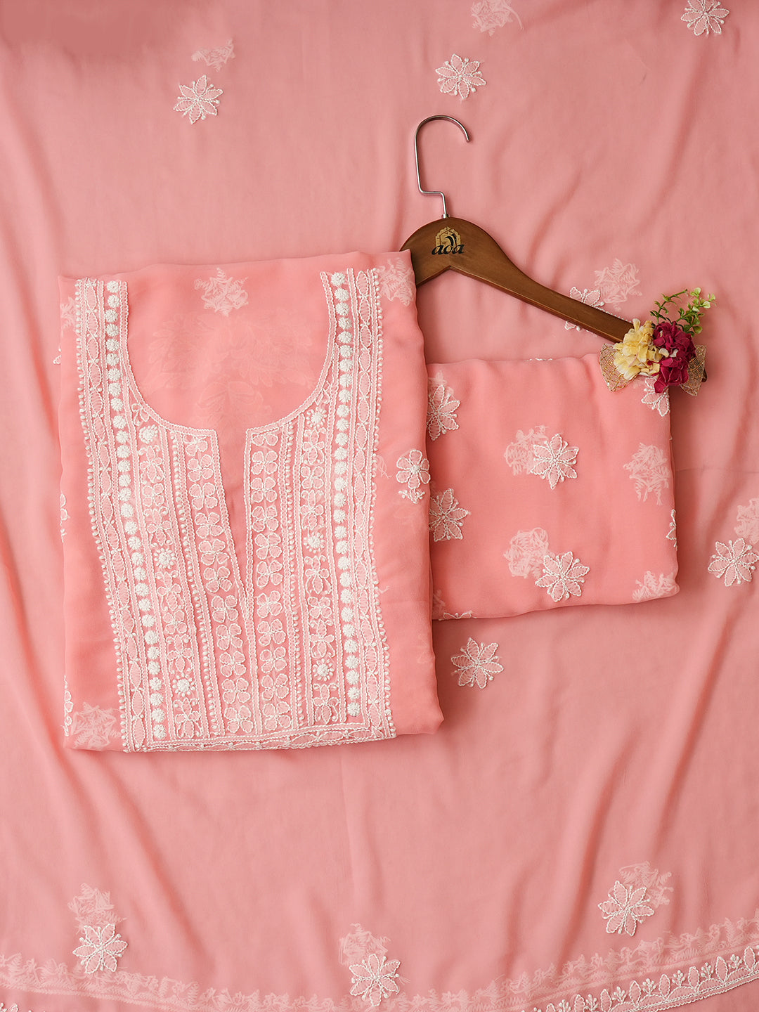 Ada Hand Embroidered Peach Faux Georgette Lucknowi Chikankari Unstitched Suit Piece 01A977889