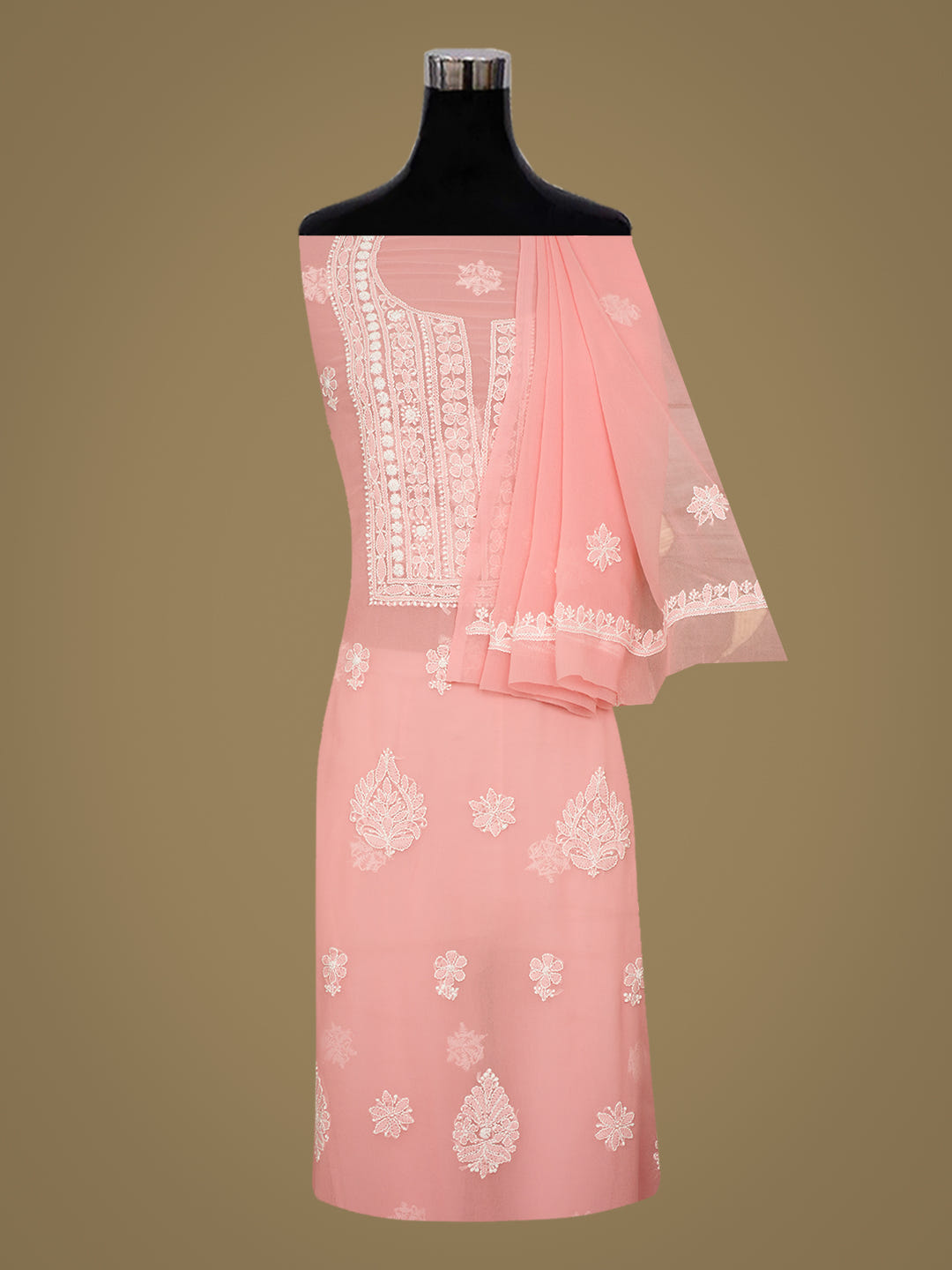 Ada Hand Embroidered Peach Faux Georgette Lucknowi Chikankari Unstitched Suit Piece 01A977889