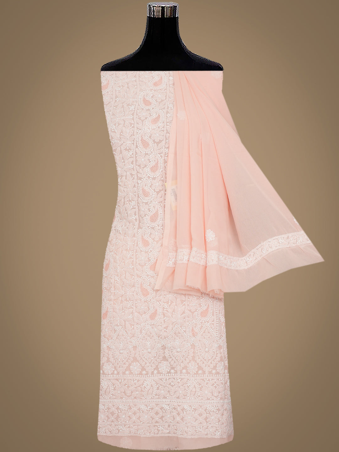 Ada Hand Embroidered Peach Faux Georgette Lucknowi Chikankari Unstitched Suit Piece 01A985244