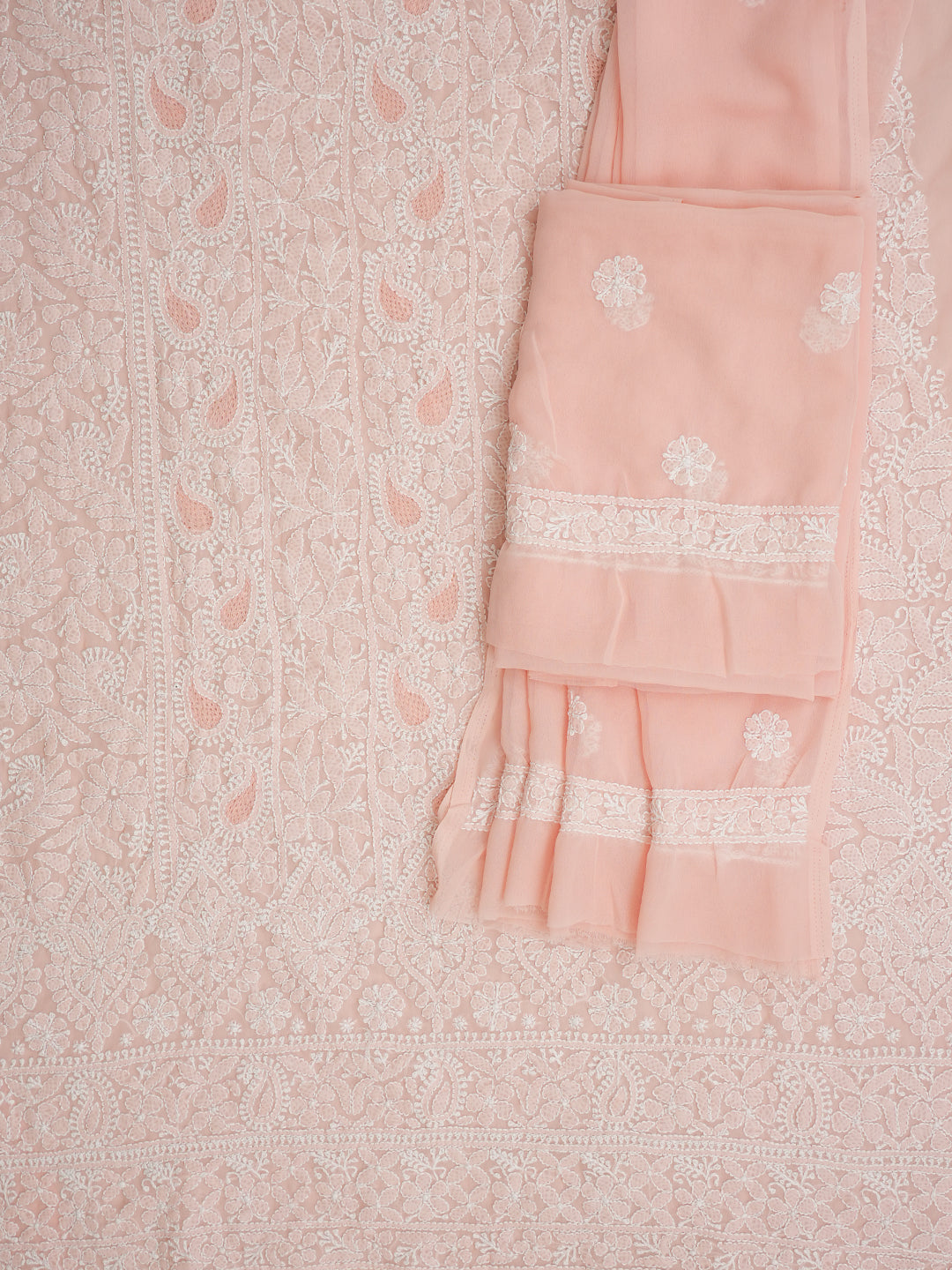 Ada Hand Embroidered Peach Faux Georgette Lucknowi Chikankari Unstitched Suit Piece 01A985244