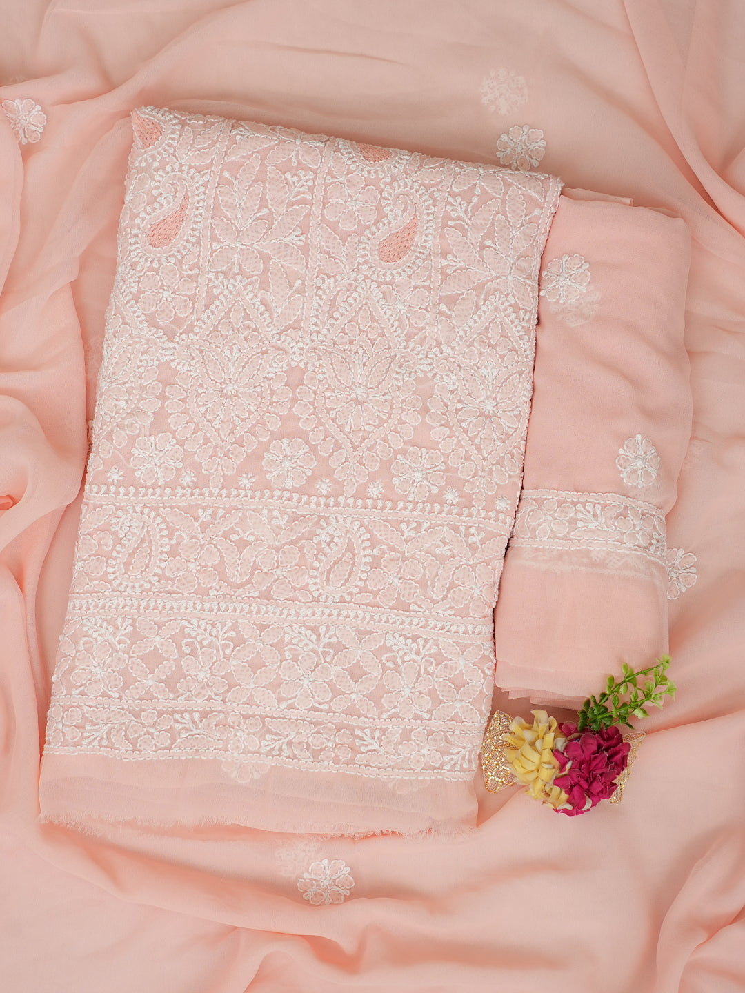 Ada Hand Embroidered Peach Faux Georgette Lucknowi Chikankari Unstitched Suit Piece 01A985244