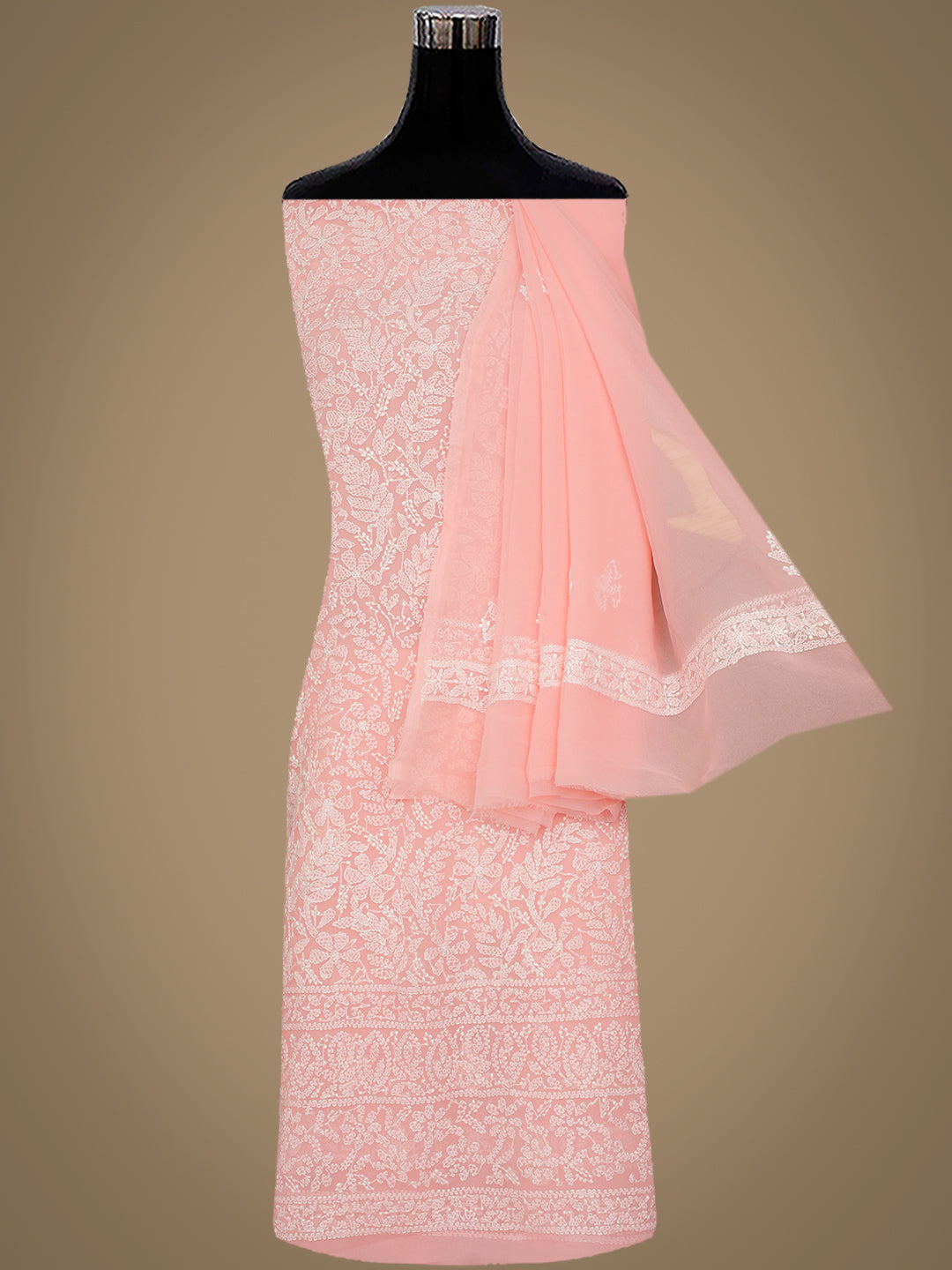Ada Hand Embroidered Peach Faux Georgette Lucknowi Chikankari Unstitched Suit Piece 07A502076