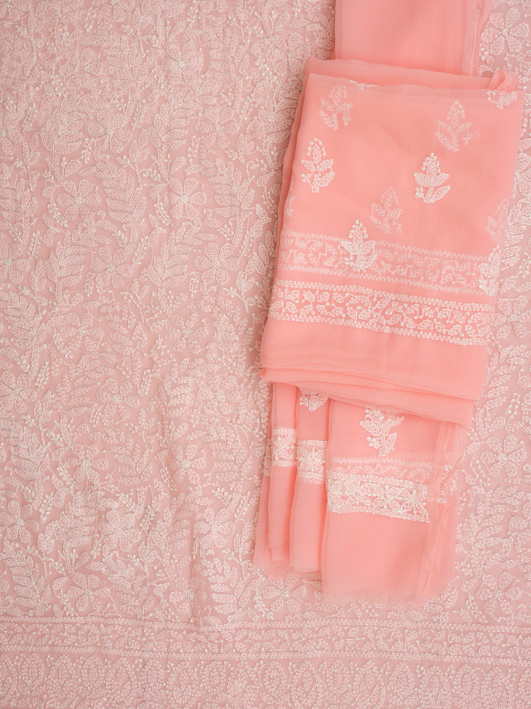 Ada Hand Embroidered Peach Faux Georgette Lucknowi Chikankari Unstitched Suit Piece 07A502076