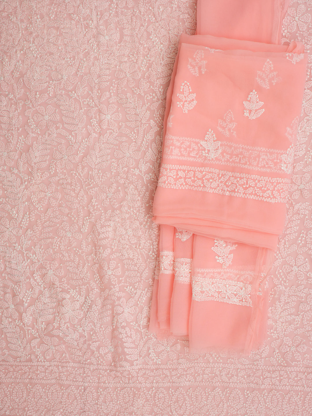 Ada Hand Embroidered Peach Faux Georgette Lucknowi Chikankari Unstitched Suit Piece 07A502076