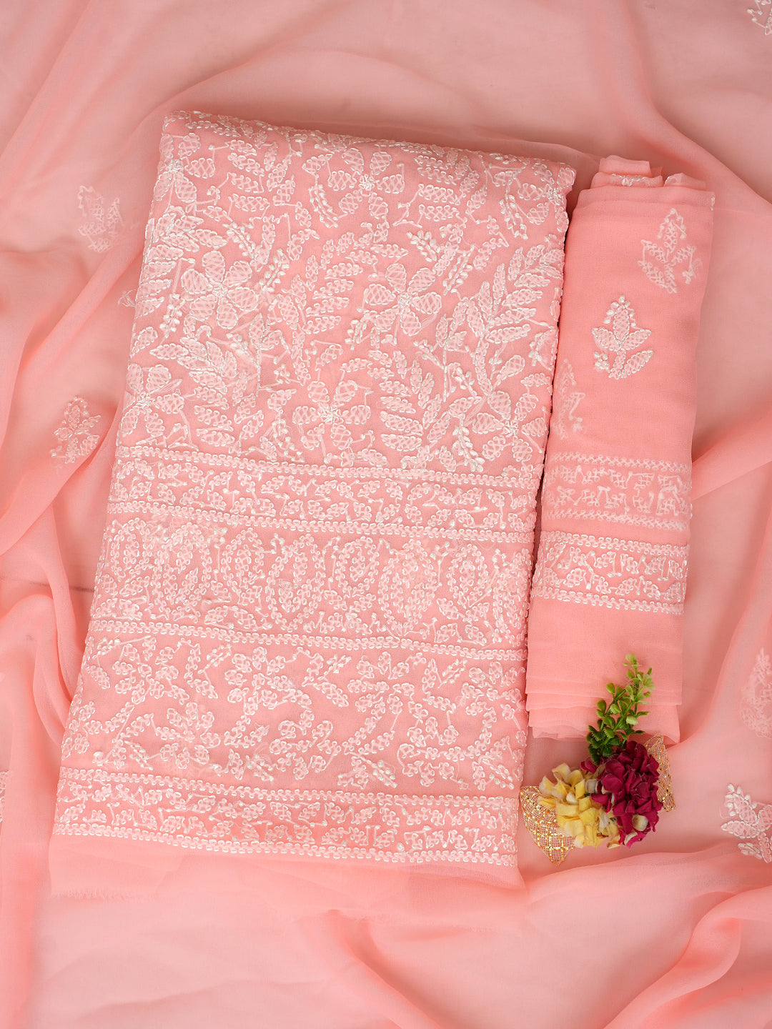 Ada Hand Embroidered Peach Faux Georgette Lucknowi Chikankari Unstitched Suit Piece 07A502076