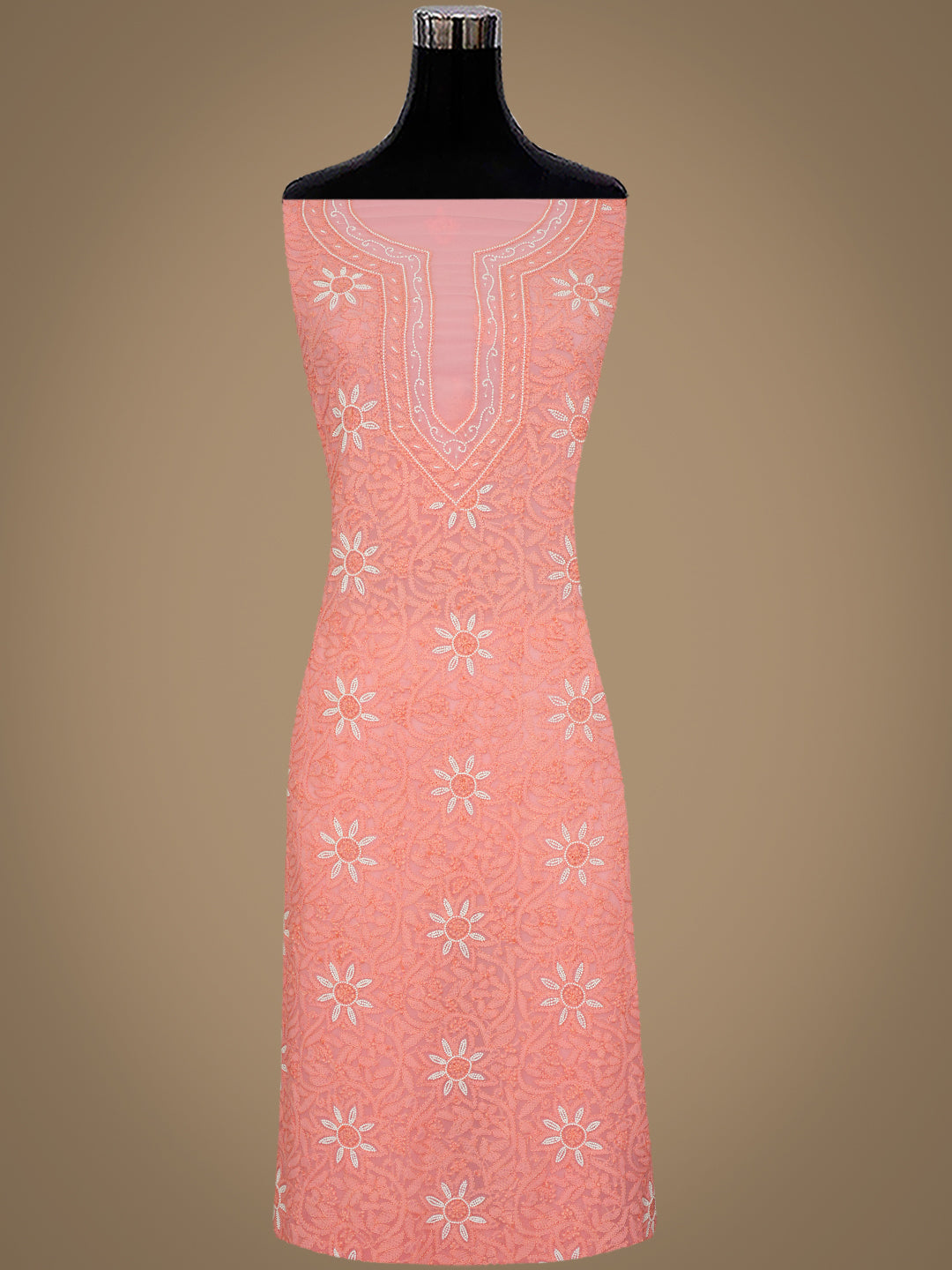 Ada Hand Embroidered Peach Faux Georgette Lucknowi Chikankari Unstitched Suit Piece With Pearl Work 01A998072